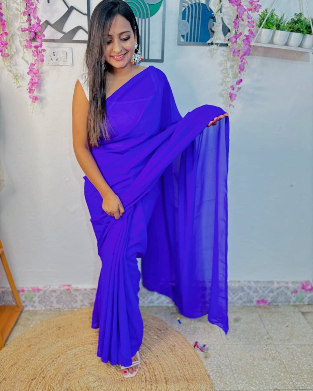     			ANAND SAREES Georgette Solid Ilkal Saree With Unstitched Blouse Piece ( Purple )