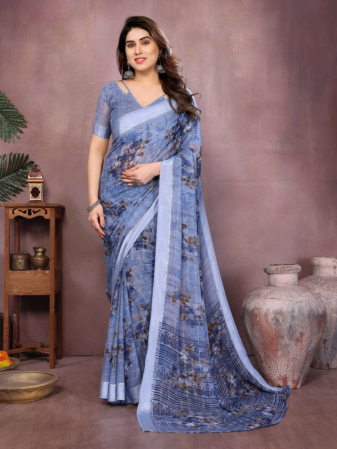     			ANAND SAREES Georgette Printed Kasavu Saree With Unstitched Blouse Piece ( BLUE )