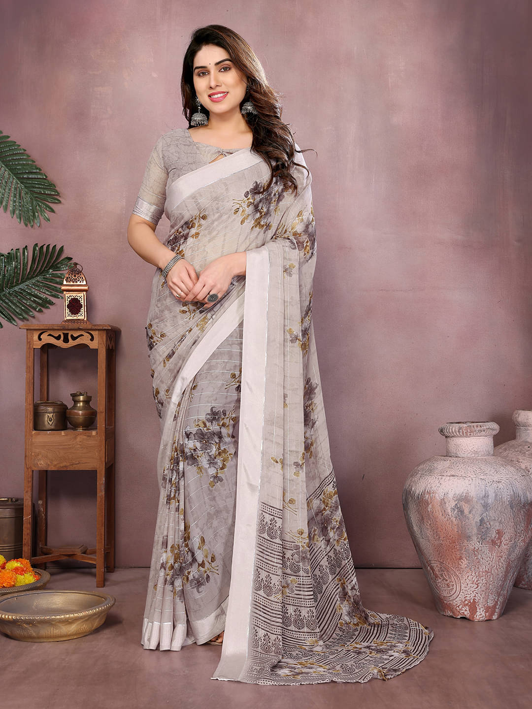     			ANAND SAREES Georgette Printed Kasavu Saree With Unstitched Blouse Piece ( CREAM )