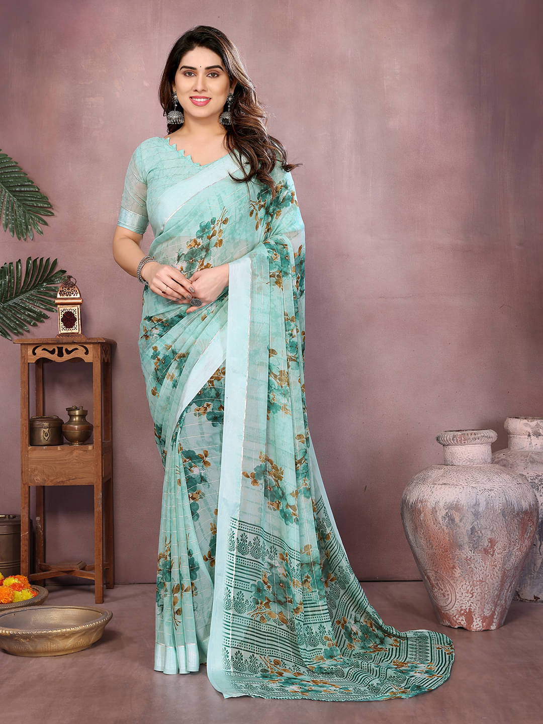     			ANAND SAREES Georgette Printed Kasavu Saree With Unstitched Blouse Piece ( RAMA )