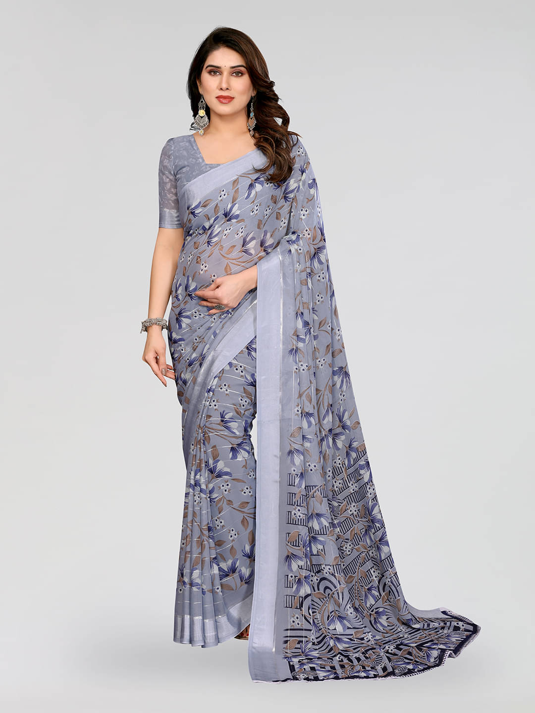 ANAND SAREES Georgette Printed Kasavu Saree With Unstitched Blouse Piece ( GREY )     			ANAND SAREES Georgette Printed Kasavu Saree With Unstitched Blouse Piece ( GREY )