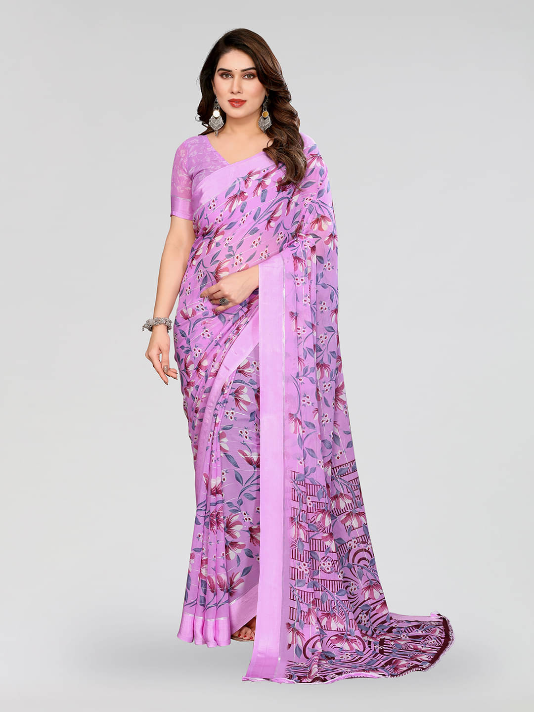 ANAND SAREES Georgette Printed Kasavu Saree With Unstitched Blouse Piece ( PURPLE )     			ANAND SAREES Georgette Printed Kasavu Saree With Unstitched Blouse Piece ( PURPLE )