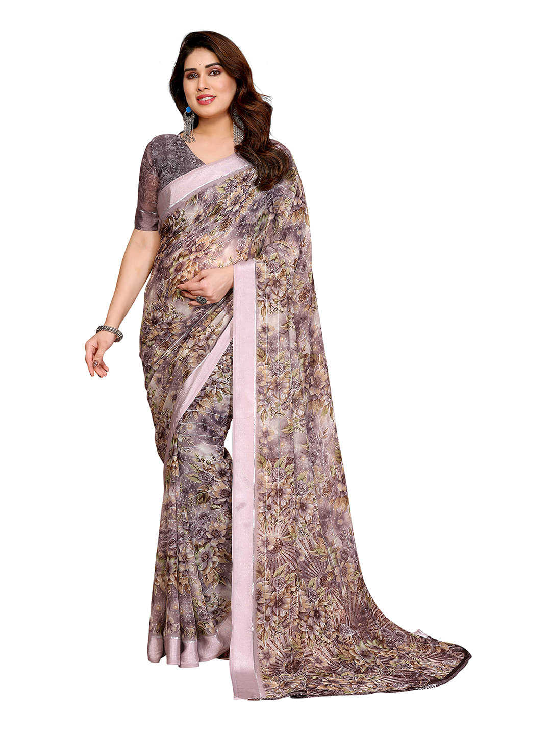     			ANAND SAREES Georgette Printed Kasavu Saree With Unstitched Blouse Piece ( GREY )