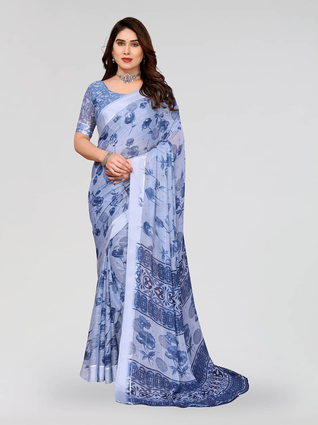     			ANAND SAREES Georgette Printed Kasavu Saree With Unstitched Blouse Piece ( BLUE )