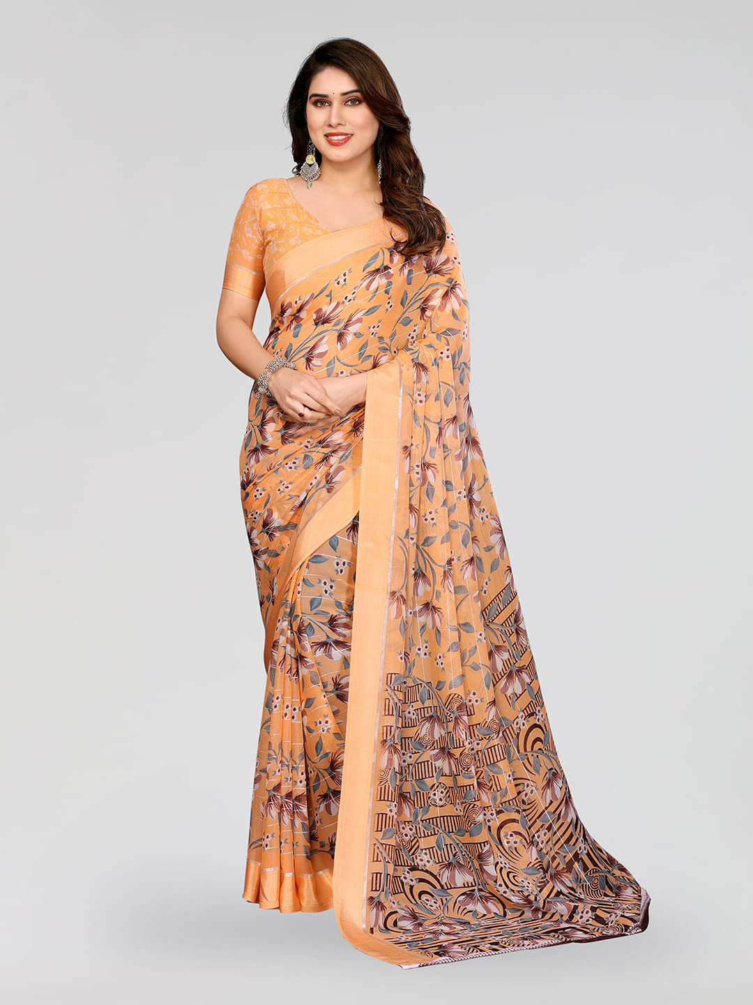     			ANAND SAREES Georgette Printed Kasavu Saree With Unstitched Blouse Piece ( ORANGE )