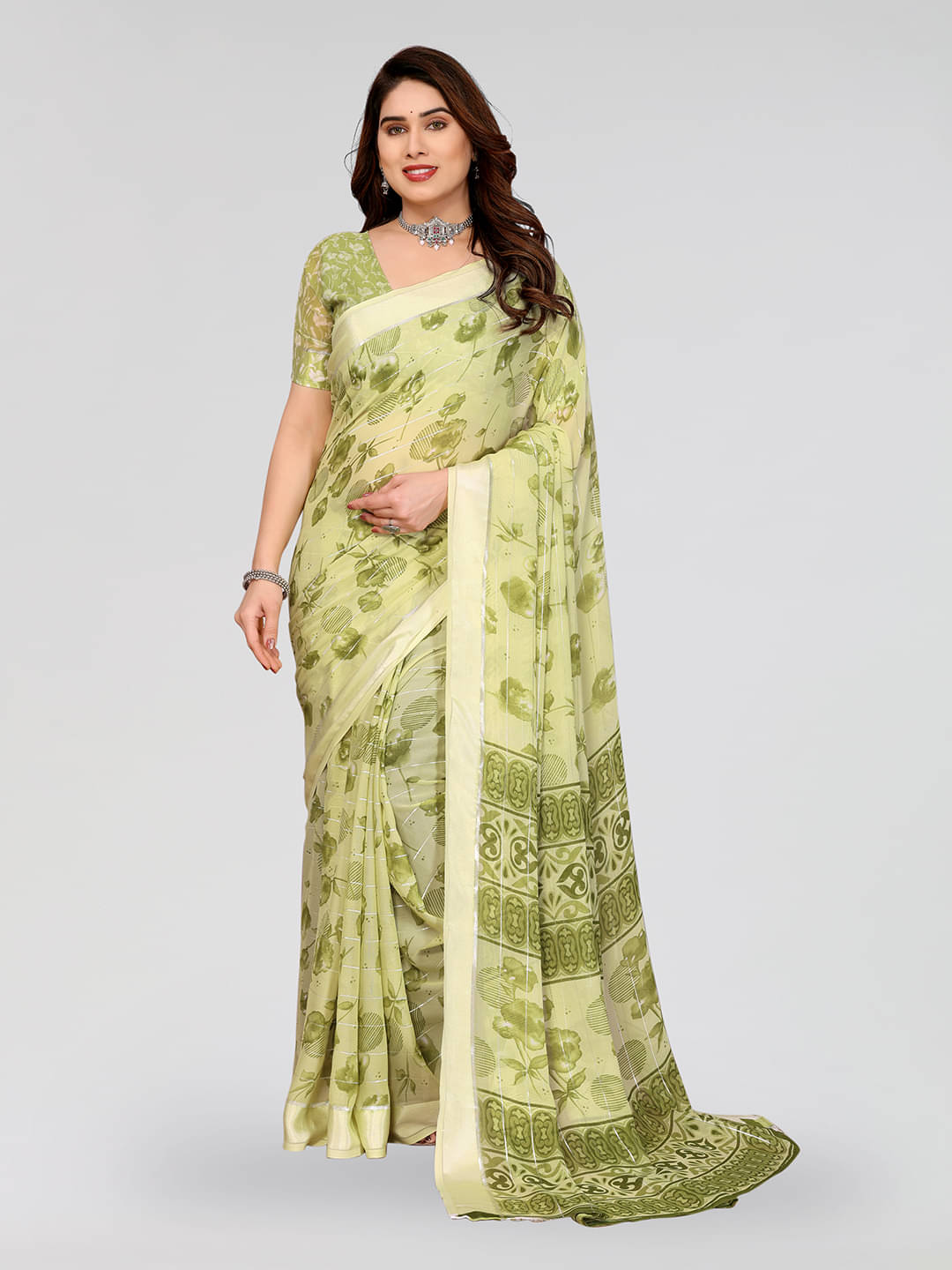 ANAND SAREES Georgette Printed Kasavu Saree With Unstitched Blouse Piece ( GREEN ) ANAND SAREES Georgette Printed Kasavu Saree With Unstitched Blouse Piece ( GREEN )