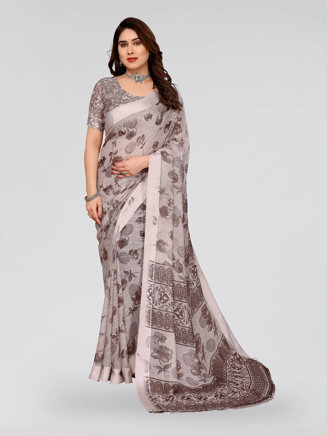     			ANAND SAREES Georgette Printed Kasavu Saree With Unstitched Blouse Piece ( Cream )