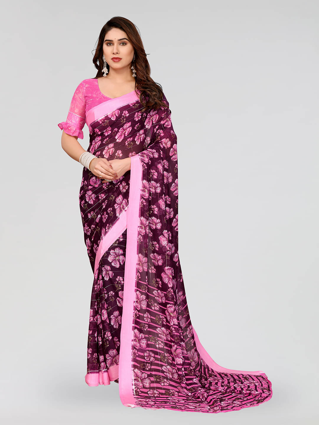 ANAND SAREES Georgette Printed Kasavu Saree With Unstitched Blouse Piece ( WINE ) ANAND SAREES Georgette Printed Kasavu Saree With Unstitched Blouse Piece ( WINE )