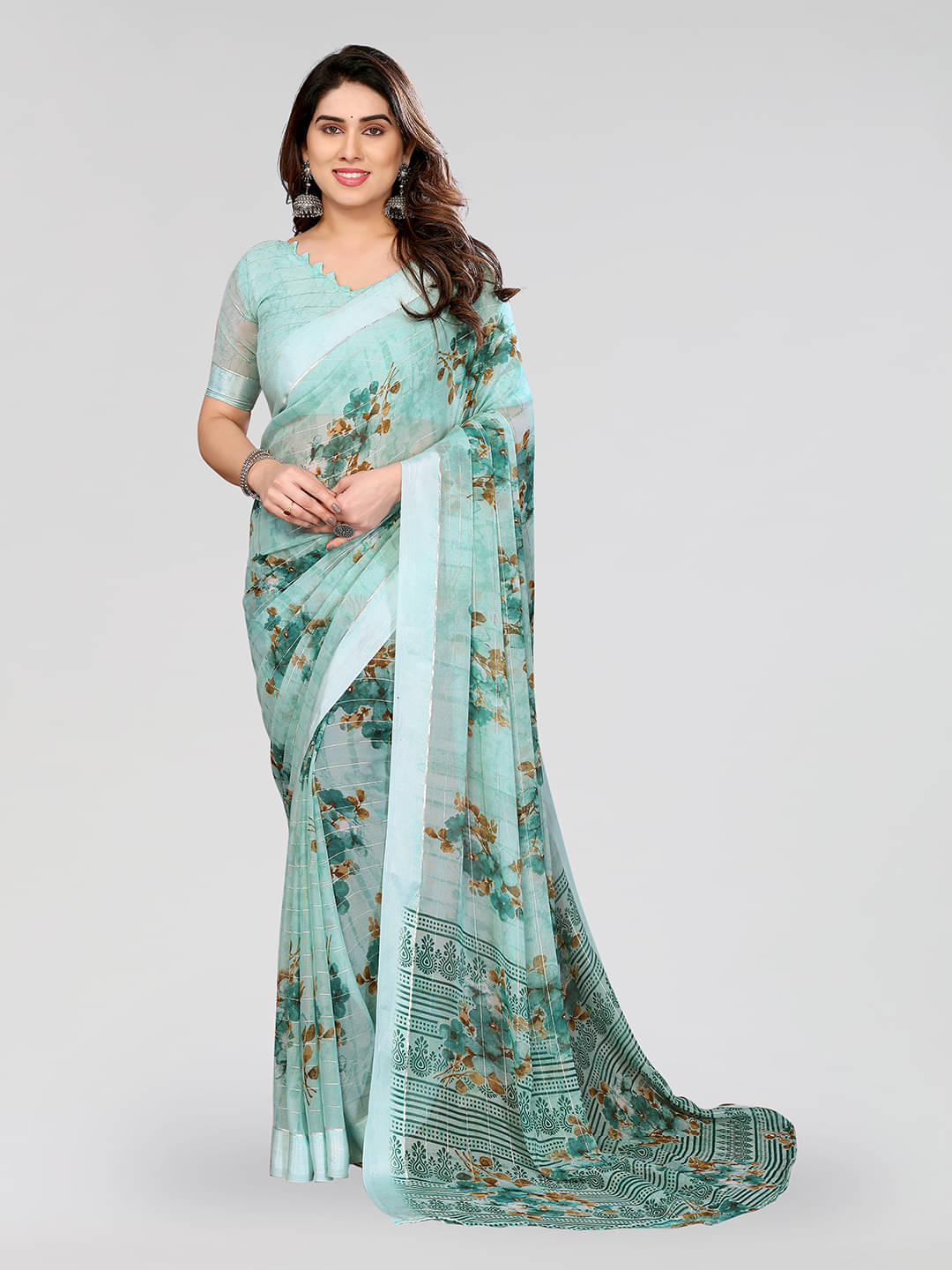 ANAND SAREES Georgette Printed Kasavu Saree With Unstitched Blouse Piece ( RAMA ) ANAND SAREES Georgette Printed Kasavu Saree With Unstitched Blouse Piece ( RAMA )
