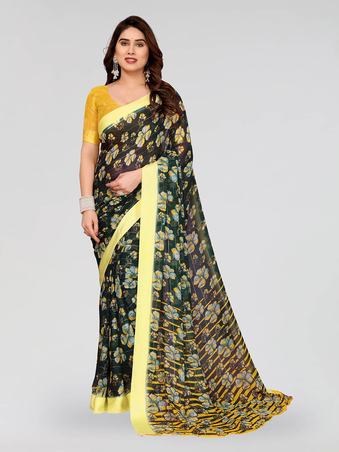     			ANAND SAREES Georgette Printed Kasavu Saree With Unstitched Blouse Piece ( GREEN )