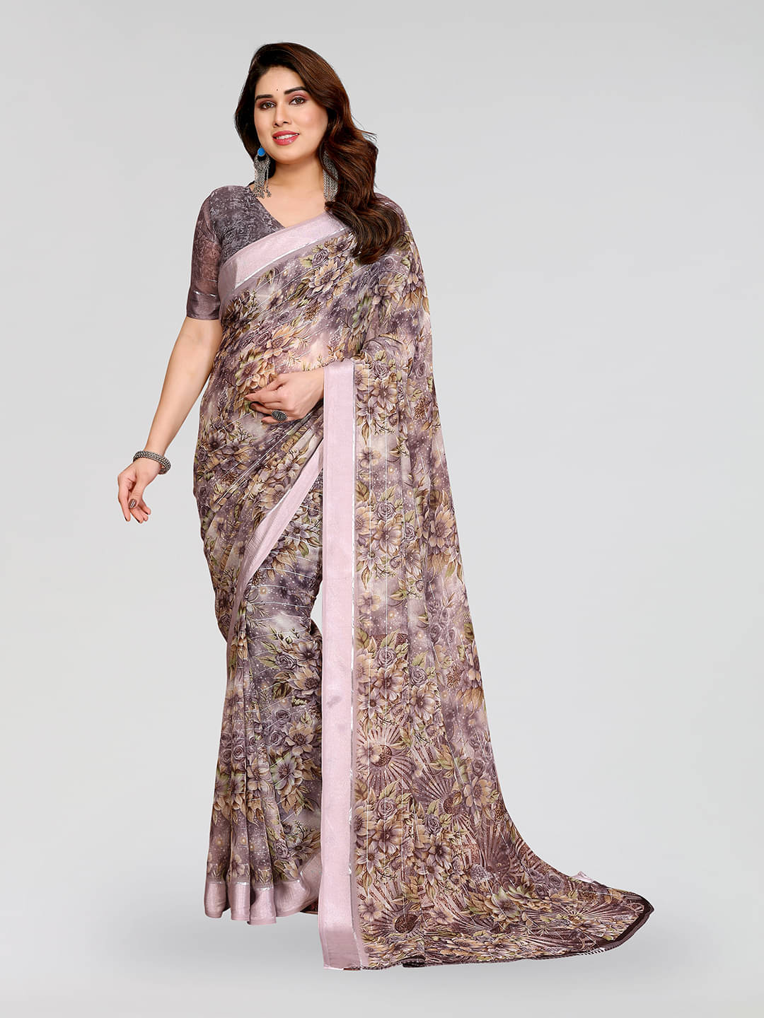 ANAND SAREES Georgette Printed Kasavu Saree With Unstitched Blouse Piece ( GREY )     			ANAND SAREES Georgette Printed Kasavu Saree With Unstitched Blouse Piece ( GREY )
