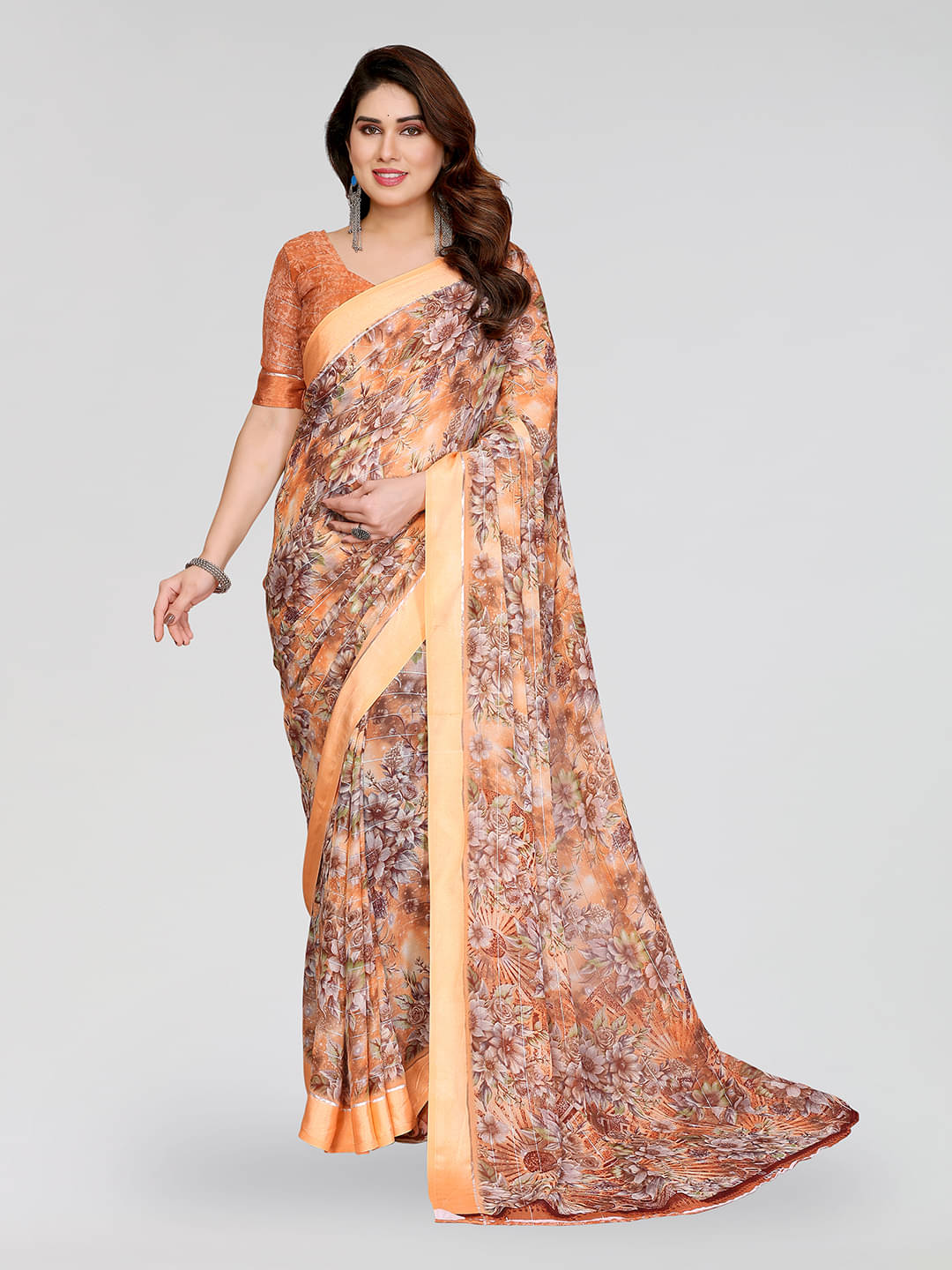     			ANAND SAREES Georgette Printed Kasavu Saree With Unstitched Blouse Piece ( ORANGE )