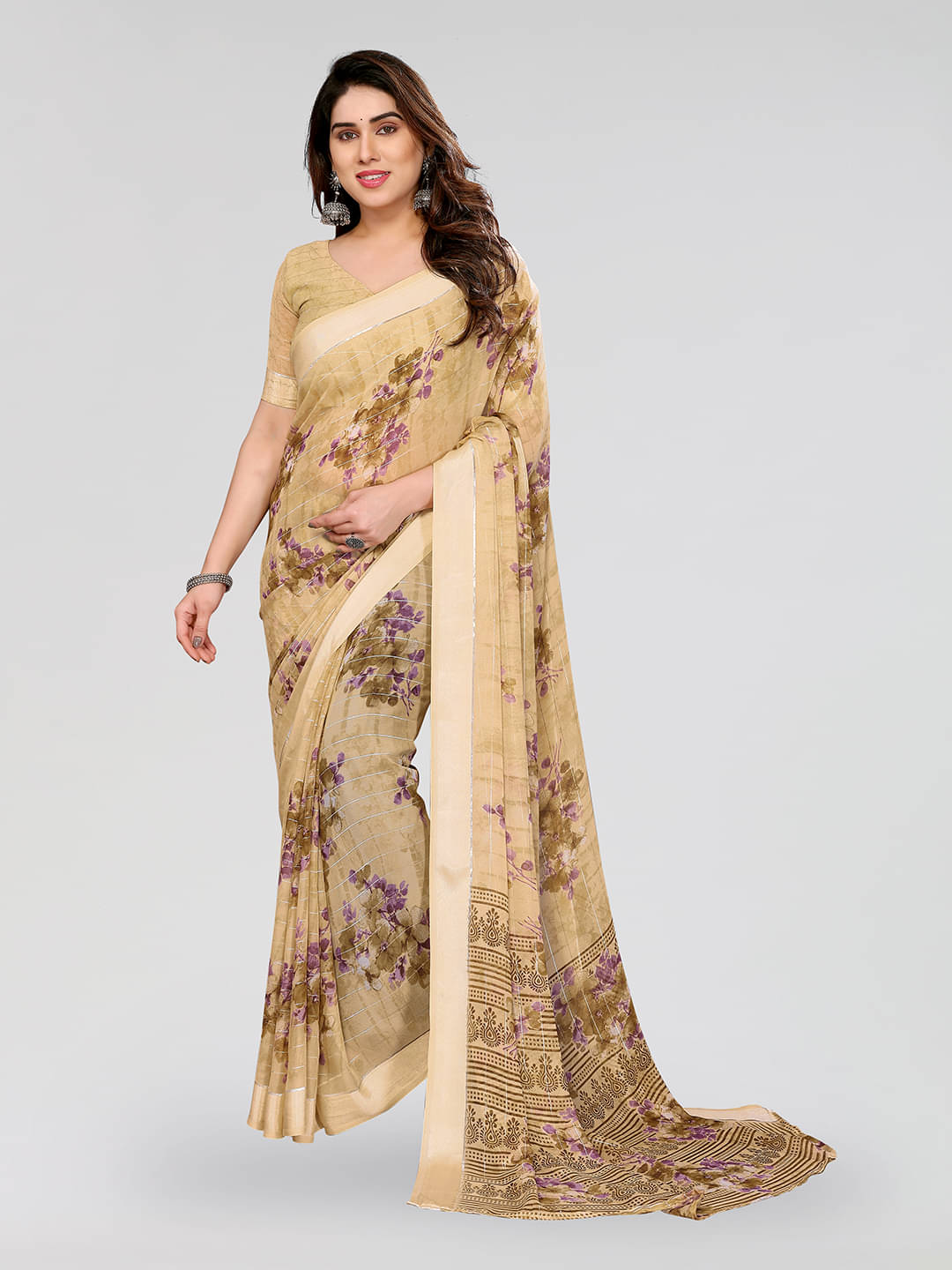ANAND SAREES Georgette Printed Kasavu Saree With Unstitched Blouse Piece ( BROWN ) ANAND SAREES Georgette Printed Kasavu Saree With Unstitched Blouse Piece ( BROWN )