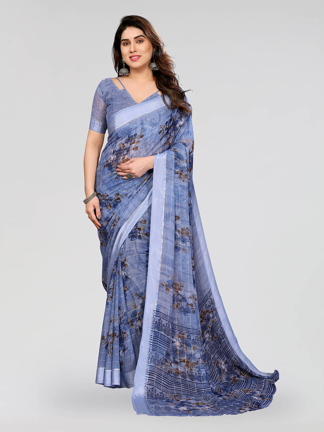 ANAND SAREES Georgette Printed Kasavu Saree With Unstitched Blouse Piece ( BLUE )     			ANAND SAREES Georgette Printed Kasavu Saree With Unstitched Blouse Piece ( BLUE )