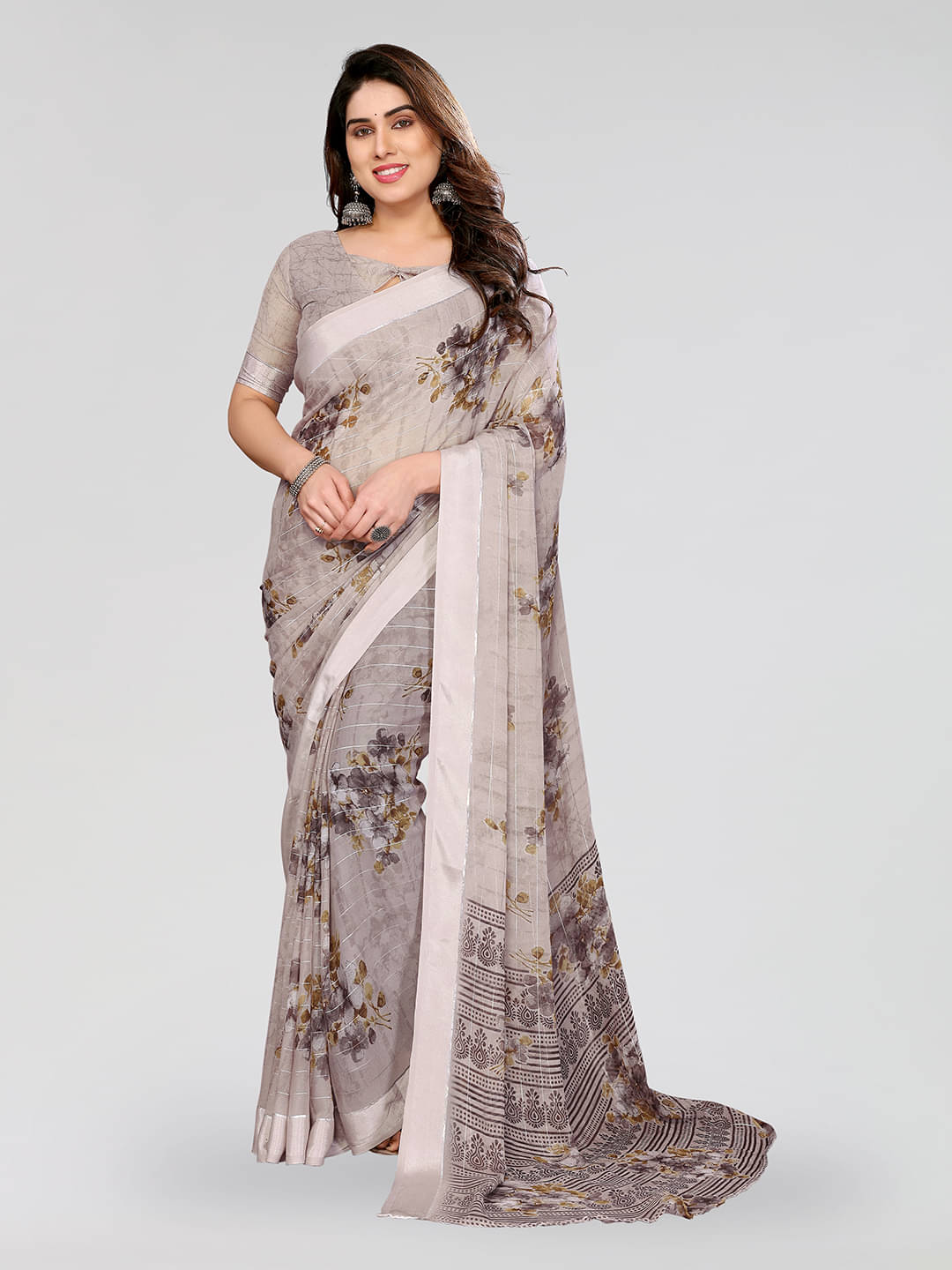 ANAND SAREES Georgette Printed Kasavu Saree With Unstitched Blouse Piece ( CREAM ) ANAND SAREES Georgette Printed Kasavu Saree With Unstitched Blouse Piece ( CREAM )