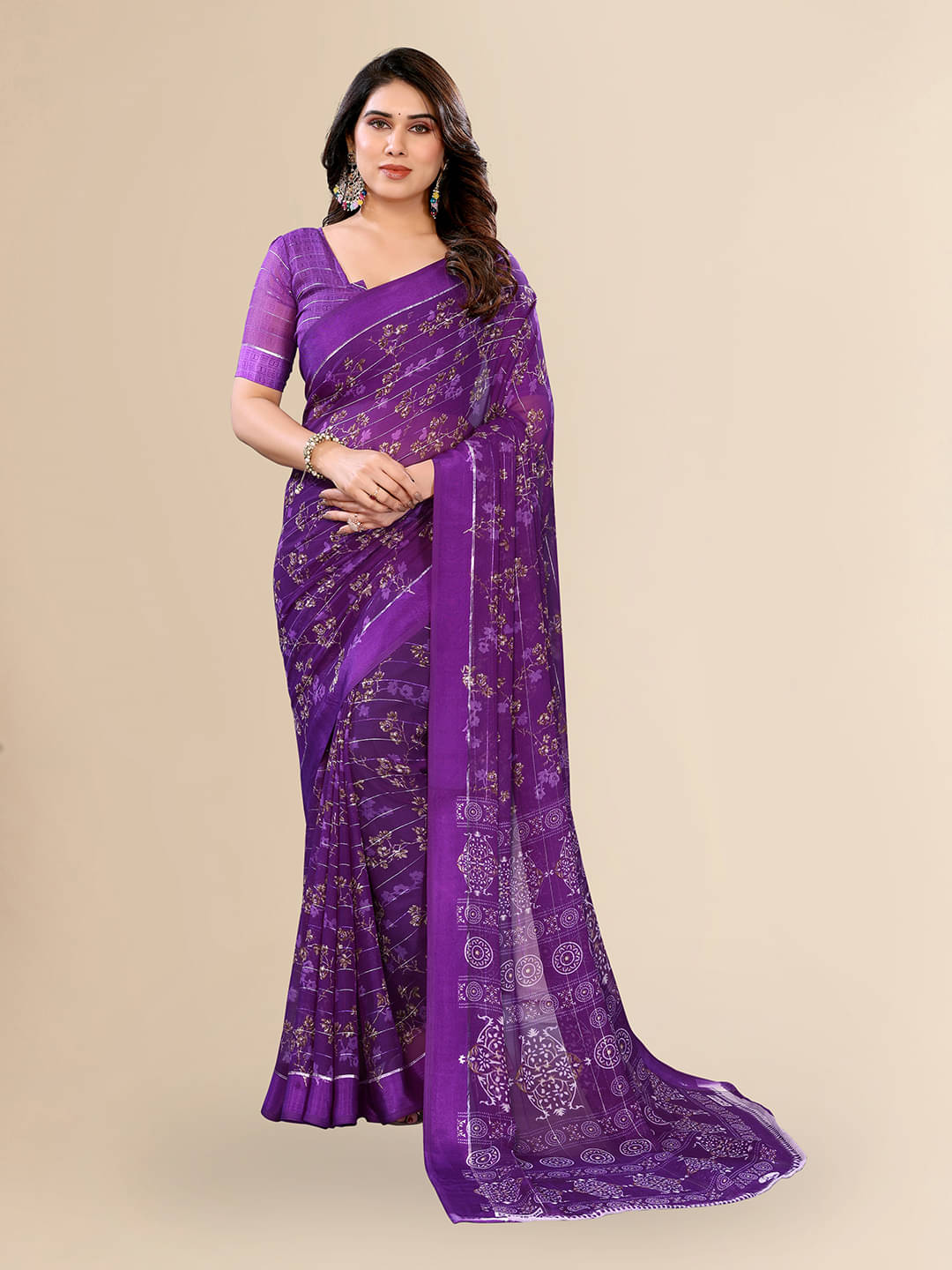 ANAND SAREES Georgette Printed Kasavu Saree With Unstitched Blouse Piece ( PURPLE ) ANAND SAREES Georgette Printed Kasavu Saree With Unstitched Blouse Piece ( PURPLE )
