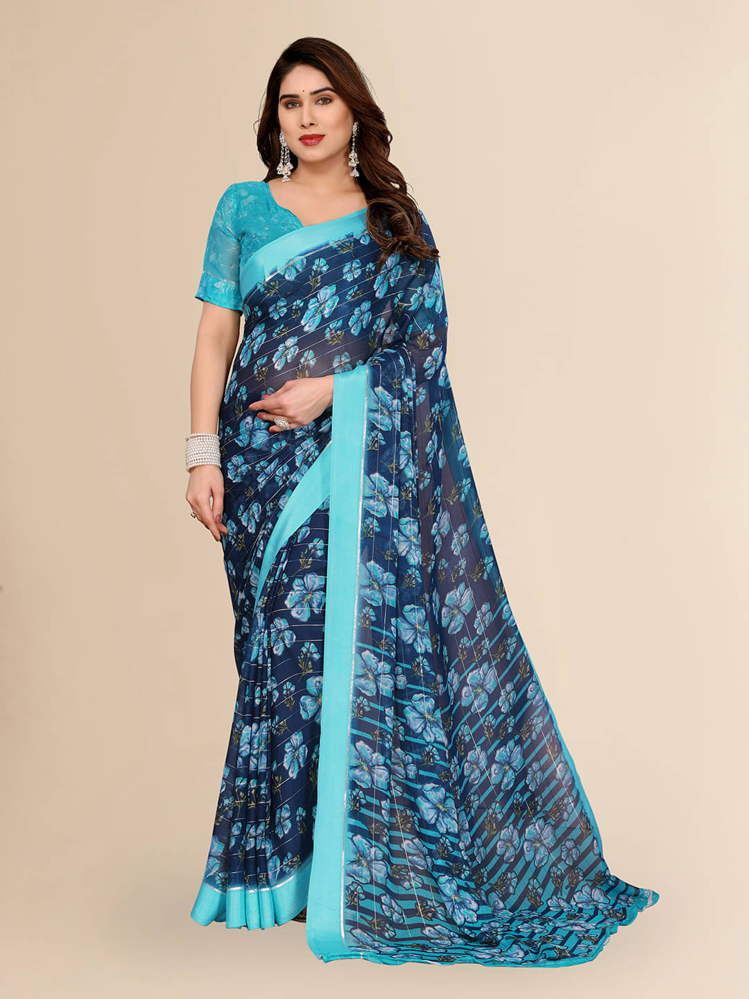     			ANAND SAREES Georgette Printed Kasavu Saree With Unstitched Blouse Piece ( RAMA )