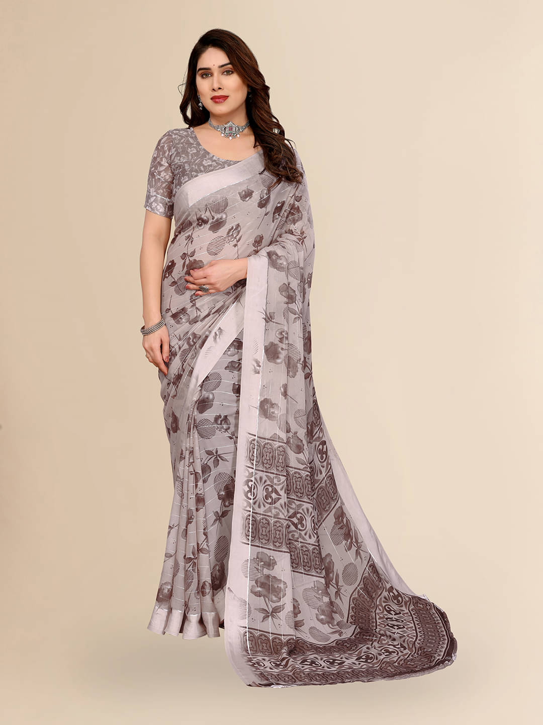     			ANAND SAREES Georgette Printed Kasavu Saree With Unstitched Blouse Piece ( Cream )