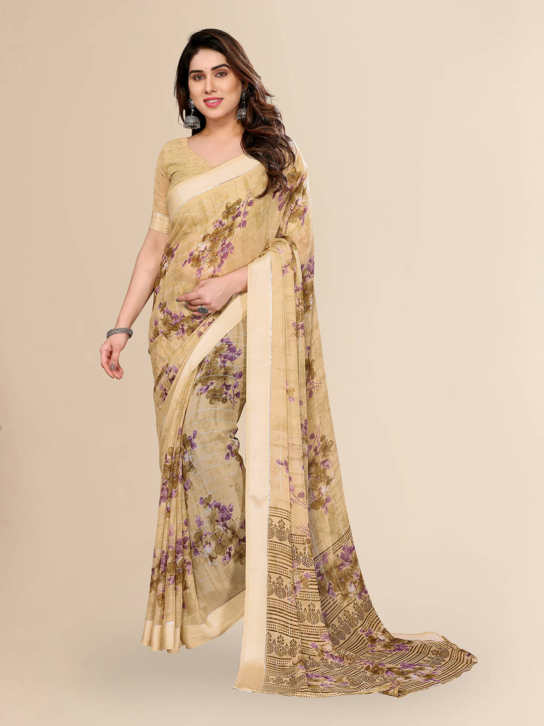 ANAND SAREES Georgette Printed Kasavu Saree With Unstitched Blouse Piece ( BROWN ) ANAND SAREES Georgette Printed Kasavu Saree With Unstitched Blouse Piece ( BROWN )