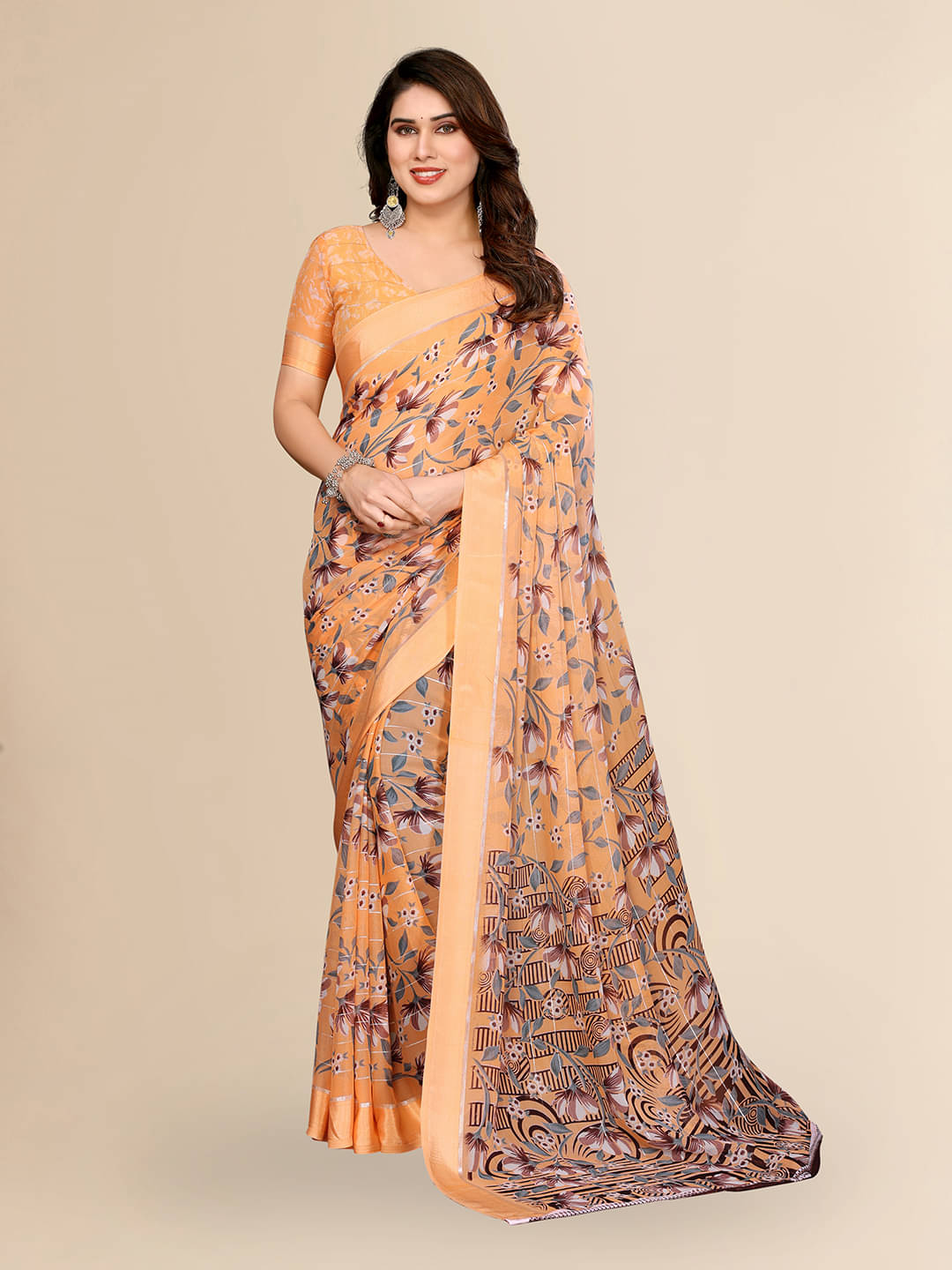     			ANAND SAREES Georgette Printed Kasavu Saree With Unstitched Blouse Piece ( ORANGE )