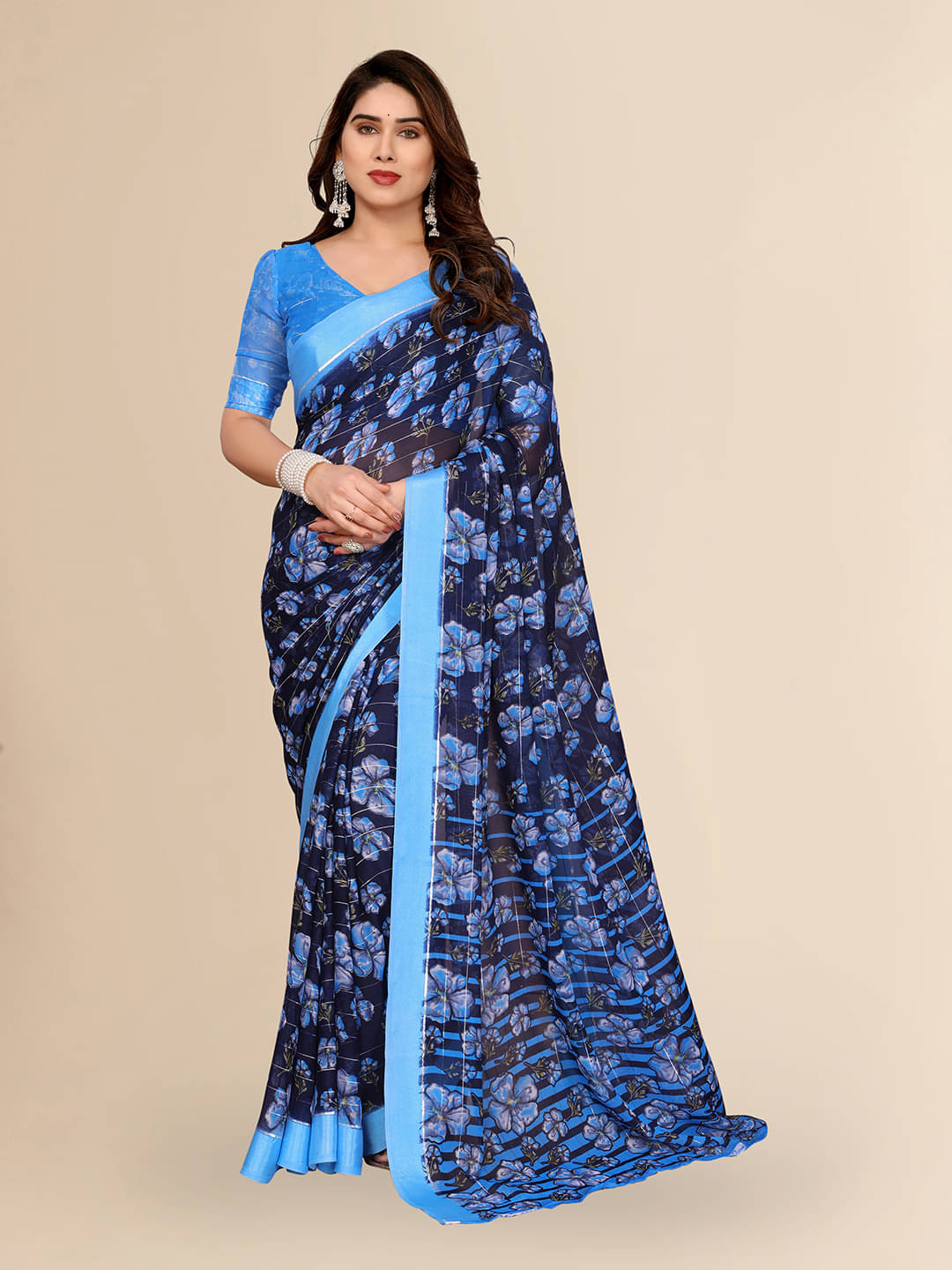 ANAND SAREES Georgette Printed Kasavu Saree With Unstitched Blouse Piece ( BLUE ) ANAND SAREES Georgette Printed Kasavu Saree With Unstitched Blouse Piece ( BLUE )