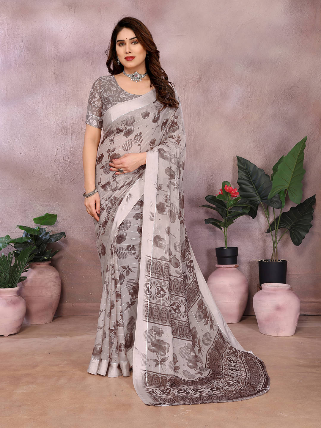     			ANAND SAREES Georgette Printed Kasavu Saree With Unstitched Blouse Piece ( Cream )