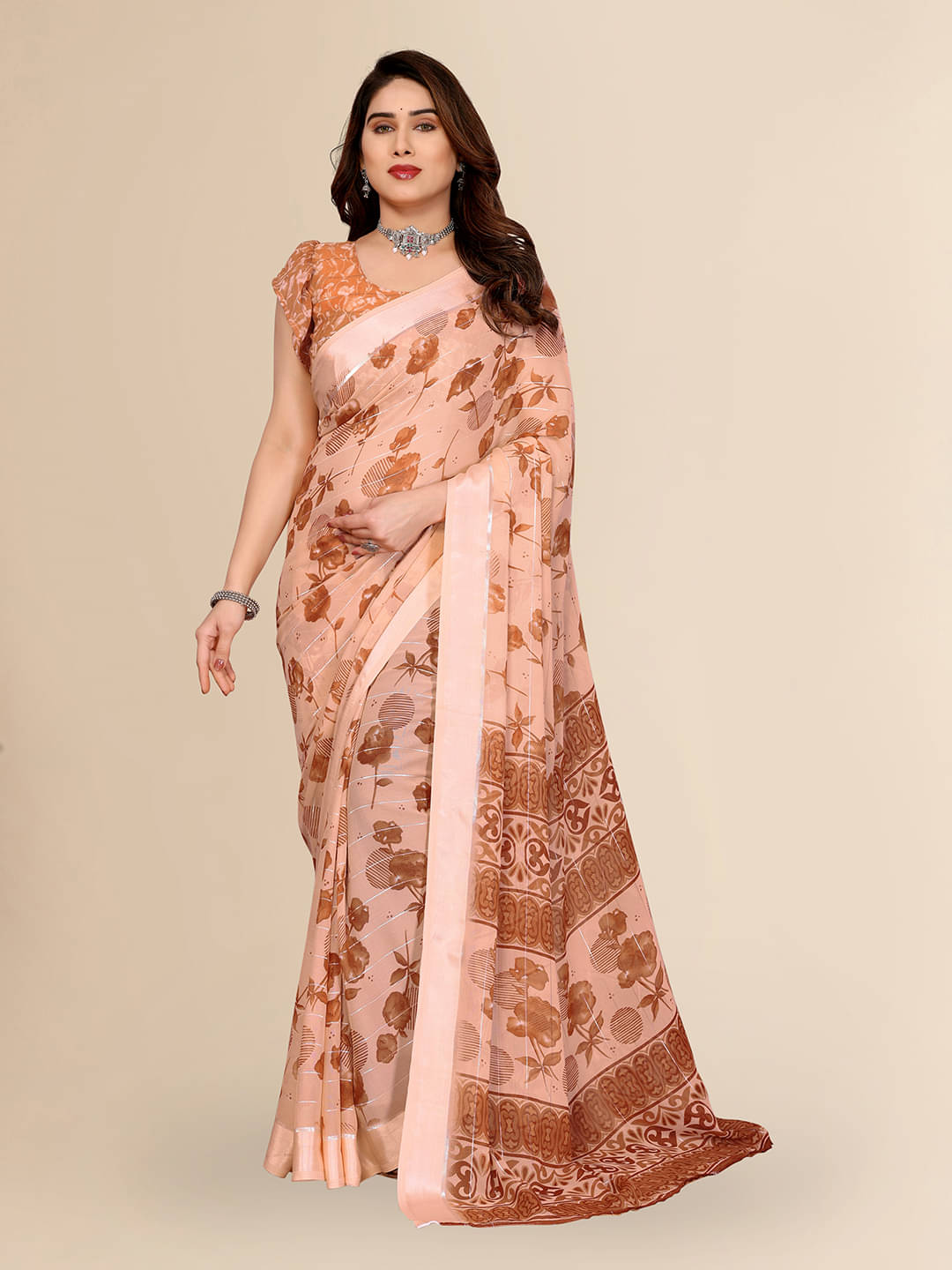 ANAND SAREES Georgette Printed Kasavu Saree With Unstitched Blouse Piece ( BROWN ) ANAND SAREES Georgette Printed Kasavu Saree With Unstitched Blouse Piece ( BROWN )