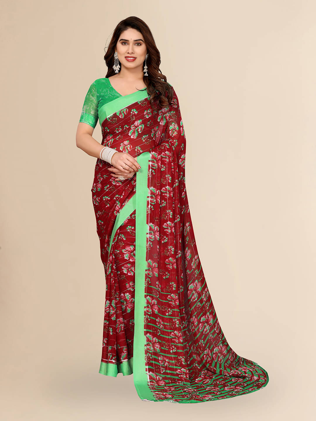    			ANAND SAREES Georgette Printed Kasavu Saree With Unstitched Blouse Piece ( RED )