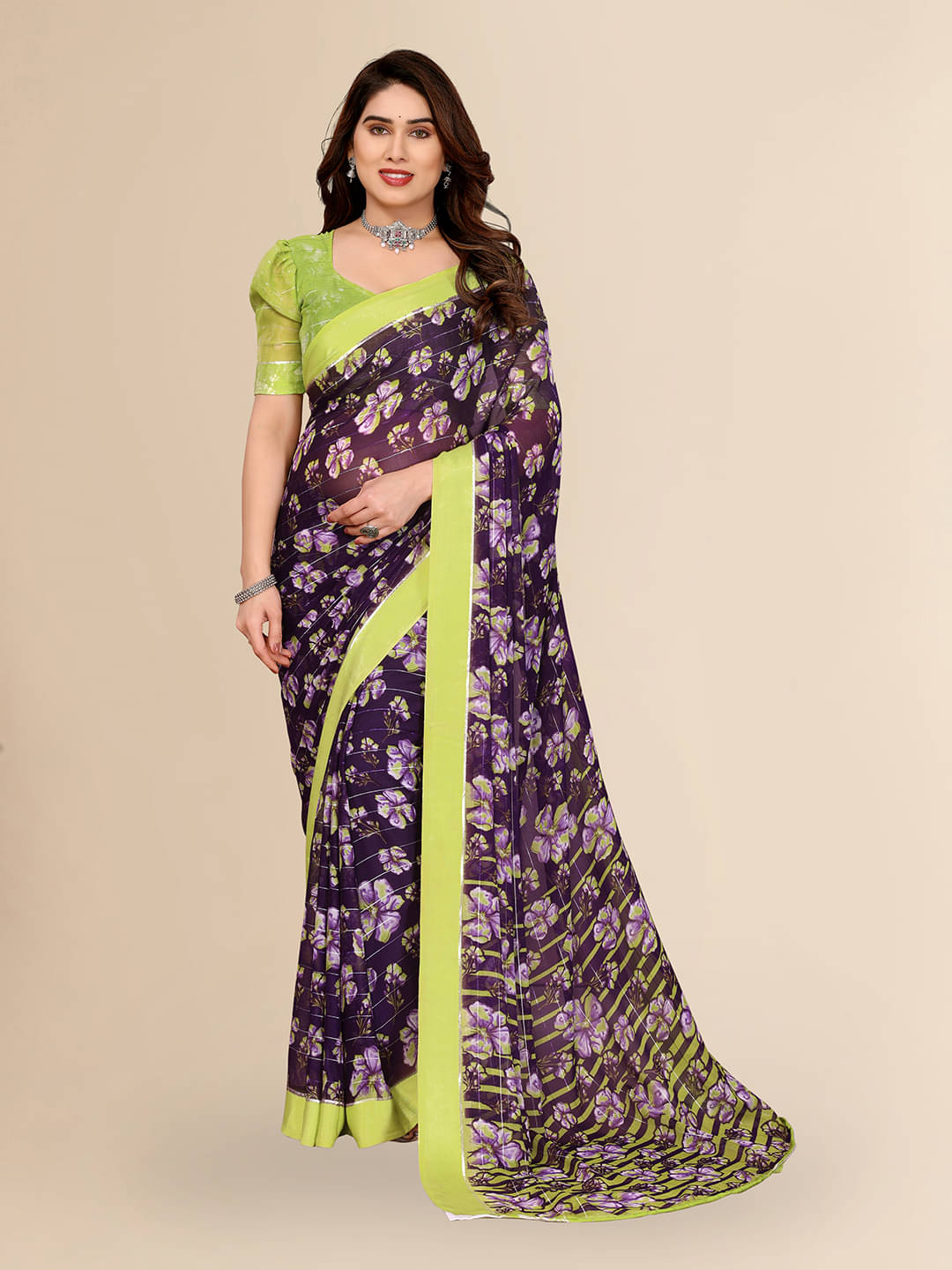     			ANAND SAREES Georgette Printed Kasavu Saree With Unstitched Blouse Piece ( PURPLE )