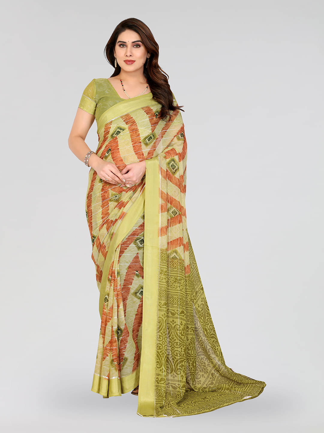     			ANAND SAREES Georgette Printed Kasavu Saree With Unstitched Blouse Piece ( GREEN )