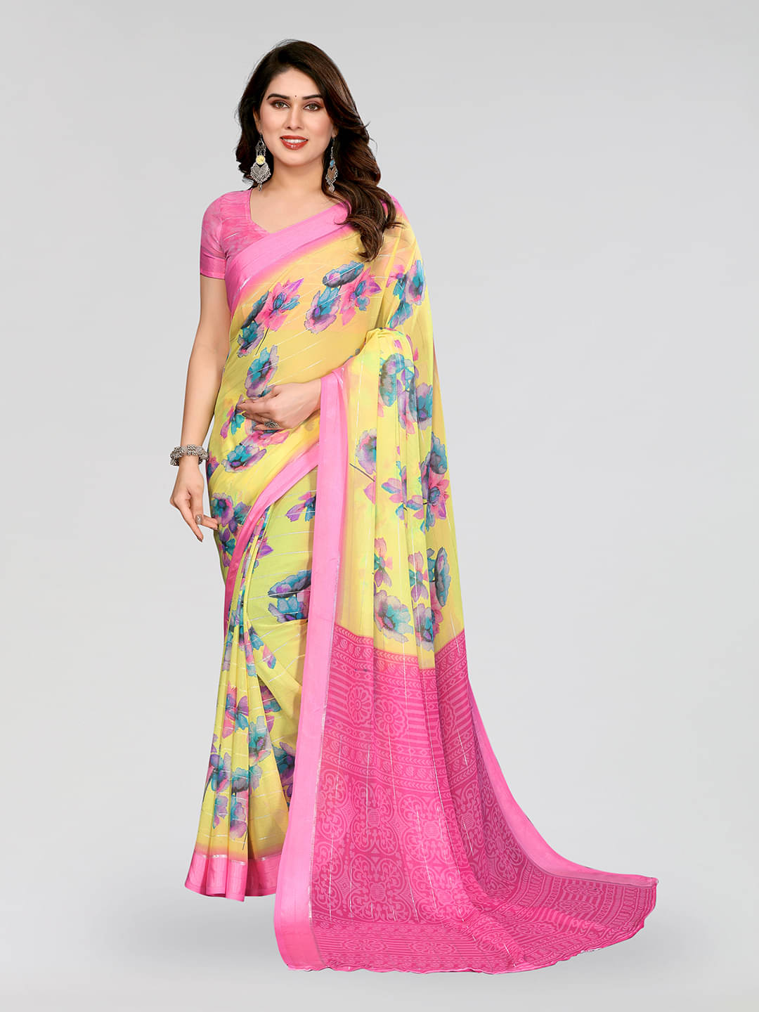     			ANAND SAREES Georgette Printed Kasavu Saree With Unstitched Blouse Piece ( YELLOW )