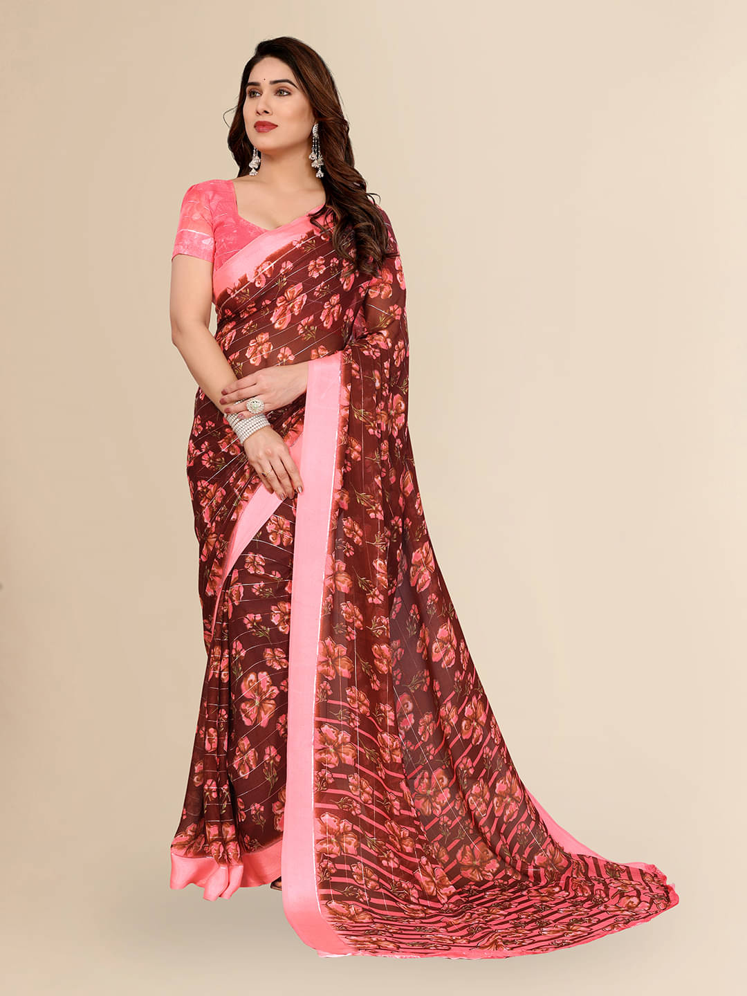    			ANAND SAREES Georgette Printed Kasavu Saree With Unstitched Blouse Piece ( BROWN )