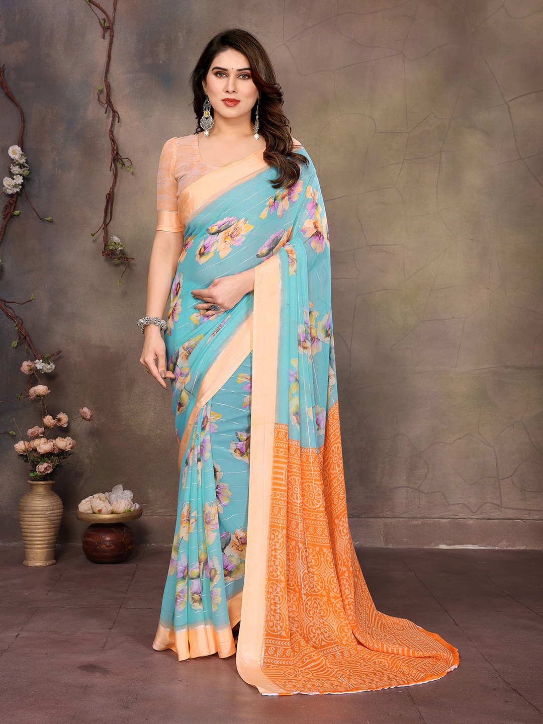 ANAND SAREES Georgette Printed Kasavu Saree With Unstitched Blouse Piece ( RAMA ) ANAND SAREES Georgette Printed Kasavu Saree With Unstitched Blouse Piece ( RAMA )