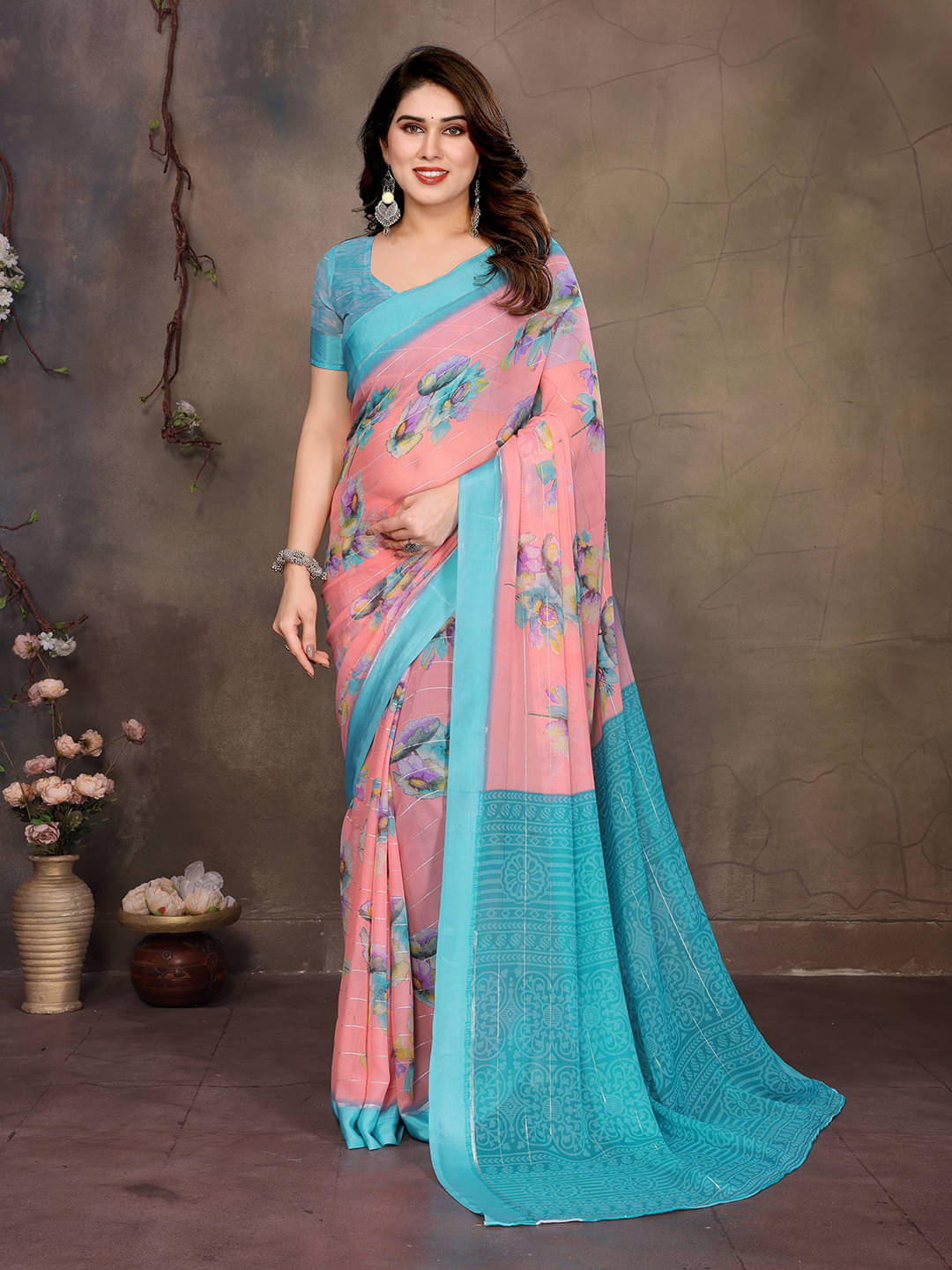 ANAND SAREES Georgette Printed Kasavu Saree With Unstitched Blouse Piece ( PINK ) ANAND SAREES Georgette Printed Kasavu Saree With Unstitched Blouse Piece ( PINK )