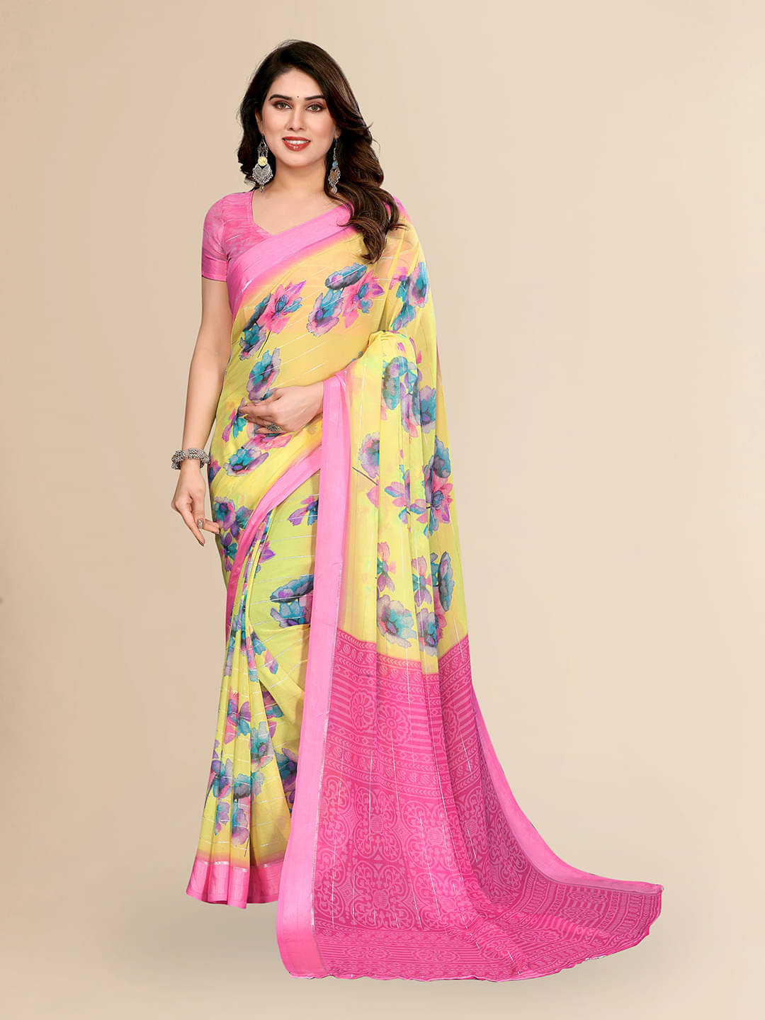     			ANAND SAREES Georgette Printed Kasavu Saree With Unstitched Blouse Piece ( YELLOW )