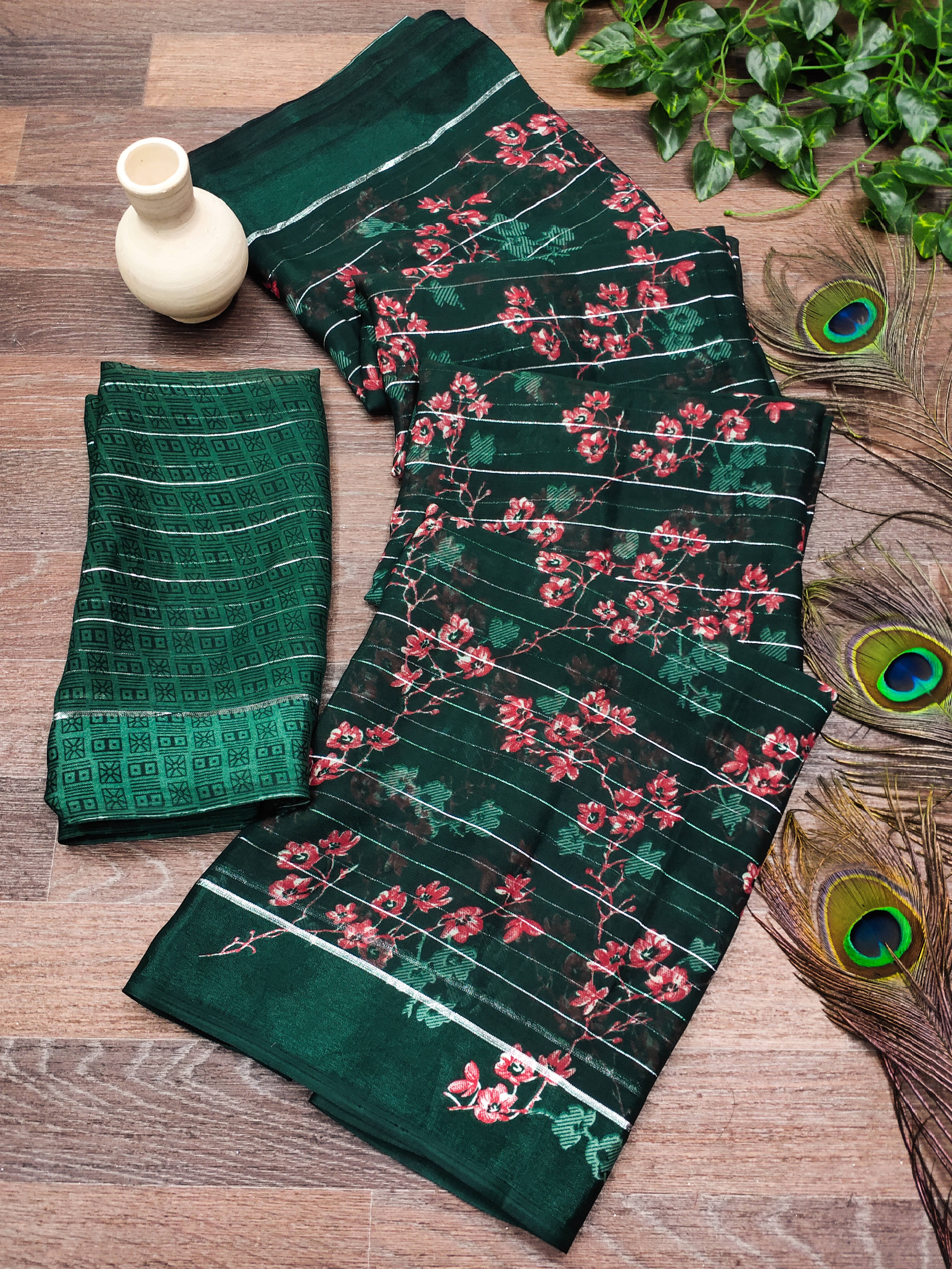     			ANAND SAREES Georgette Printed Kasavu Saree With Unstitched Blouse Piece ( GREEN )