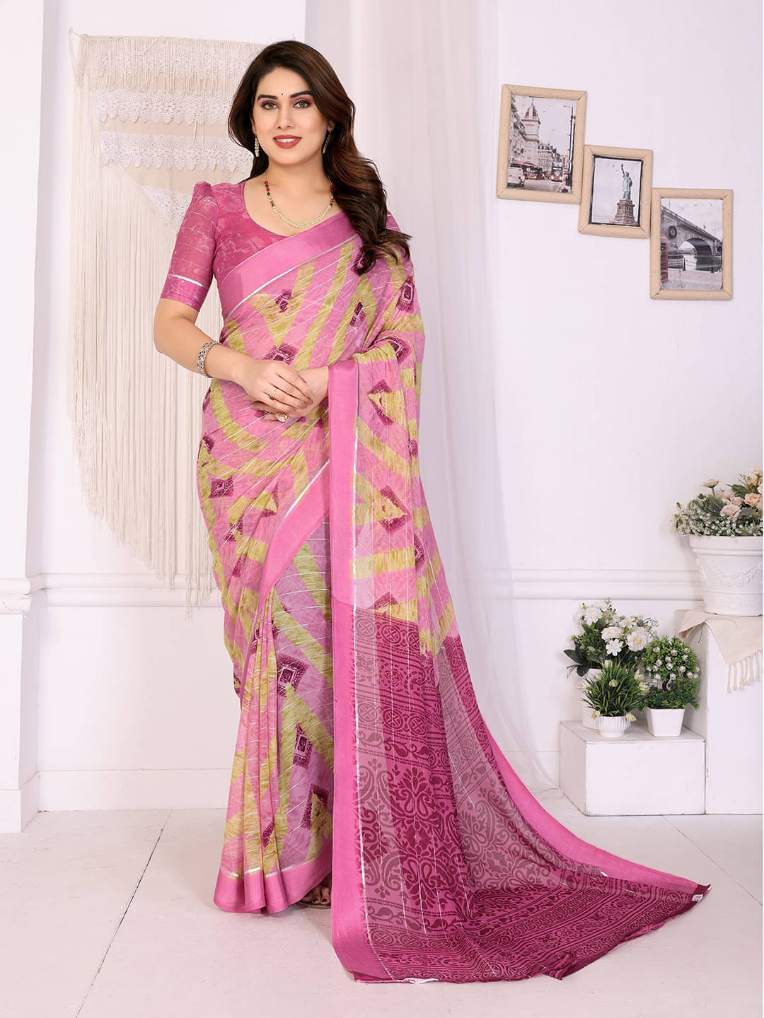     			ANAND SAREES Georgette Printed Kasavu Saree With Unstitched Blouse Piece ( PINK )