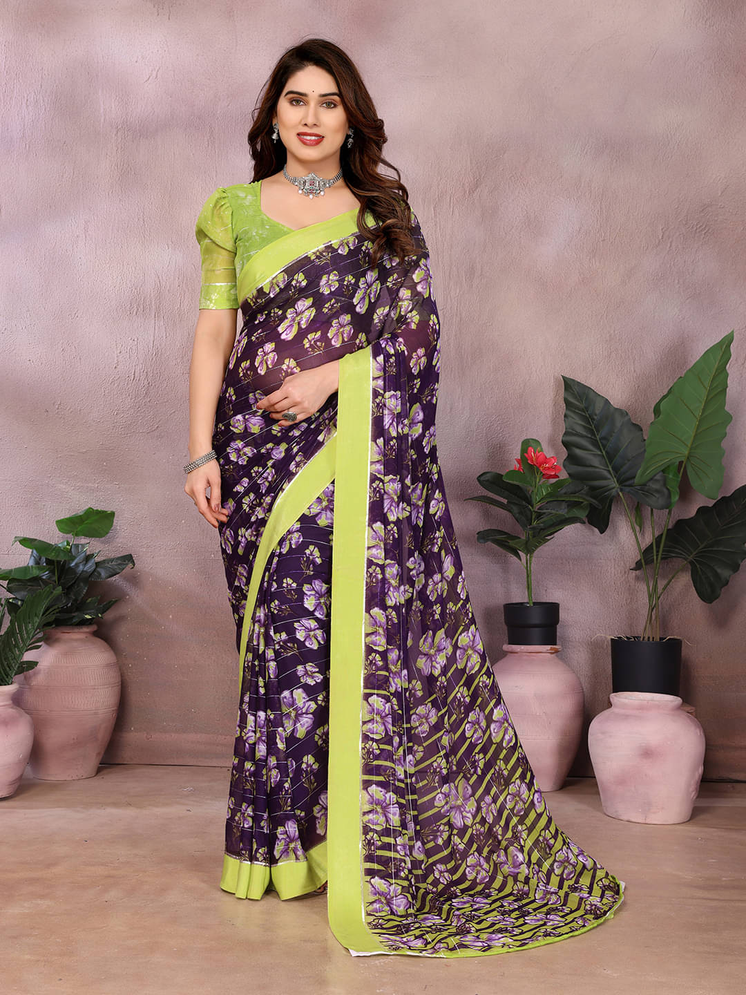     			ANAND SAREES Georgette Printed Kasavu Saree With Unstitched Blouse Piece ( PURPLE )