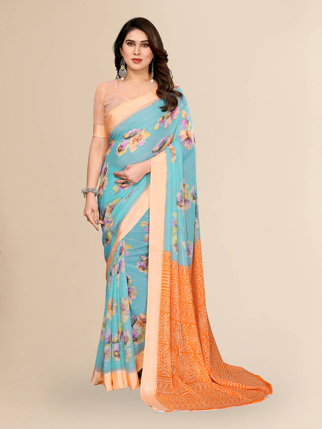     			ANAND SAREES Georgette Printed Kasavu Saree With Unstitched Blouse Piece ( RAMA )