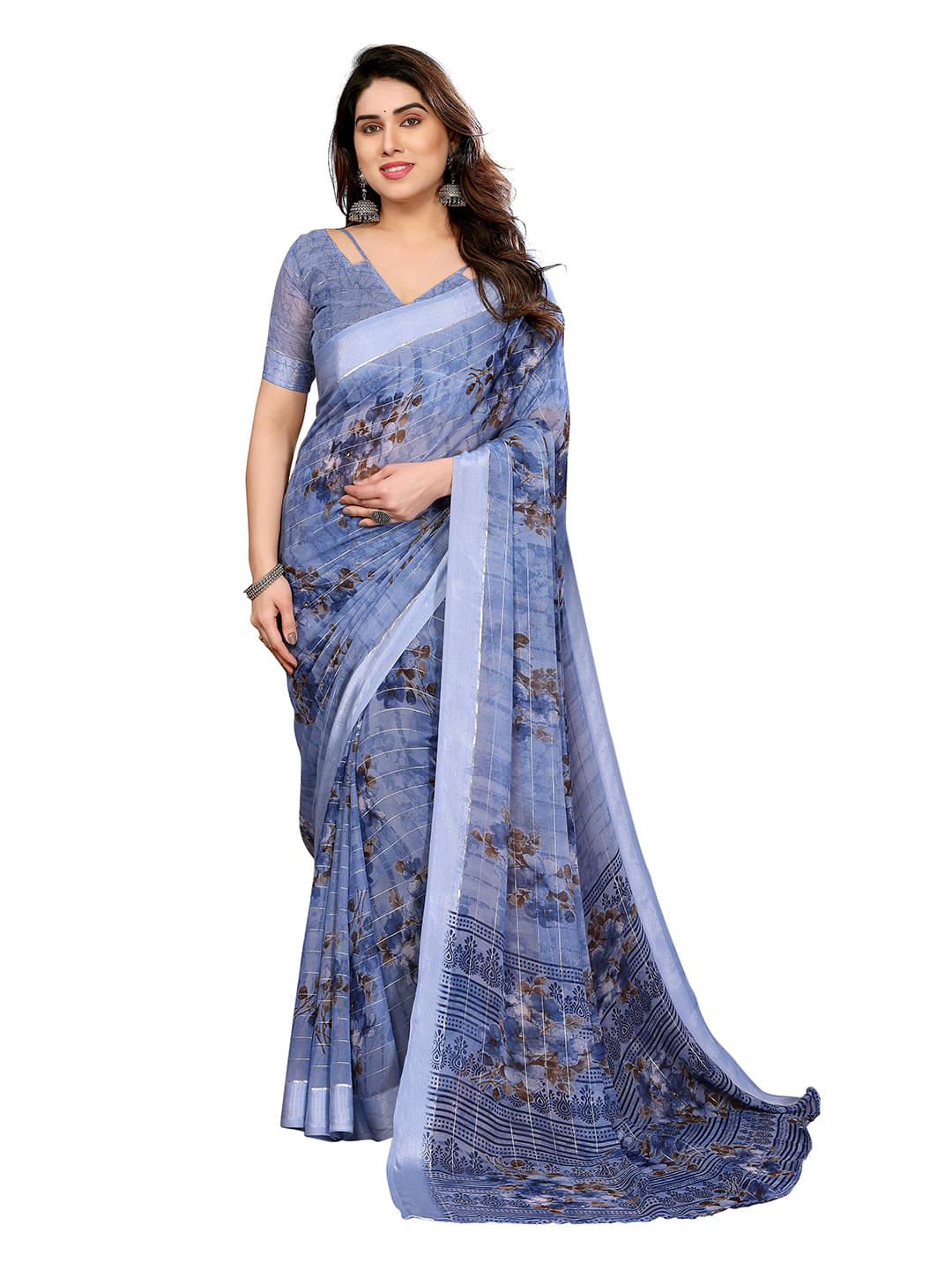     			ANAND SAREES Georgette Printed Kasavu Saree With Unstitched Blouse Piece ( BLUE )