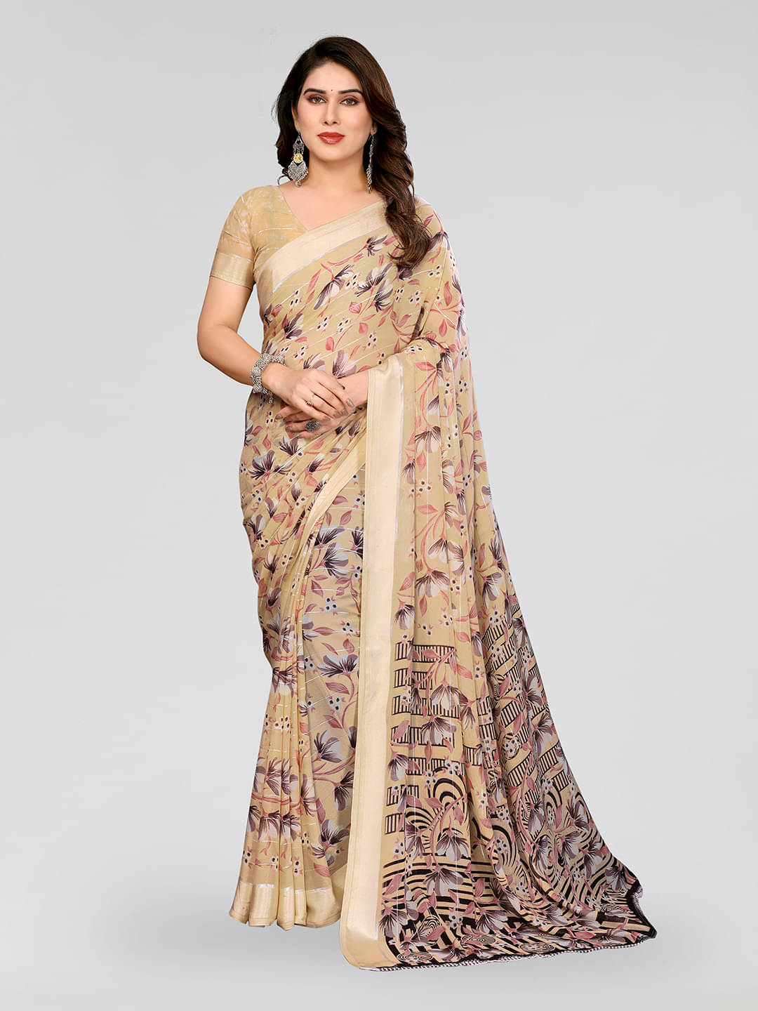     			ANAND SAREES Georgette Printed Kasavu Saree With Unstitched Blouse Piece ( CREAM )