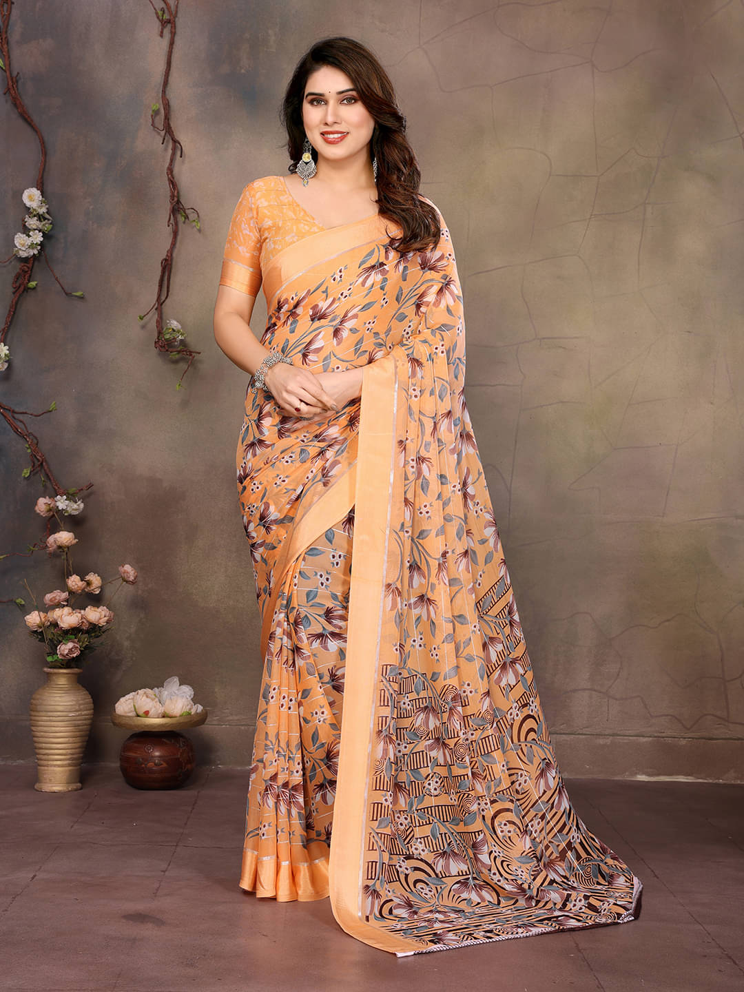     			ANAND SAREES Georgette Printed Kasavu Saree With Unstitched Blouse Piece ( ORANGE )