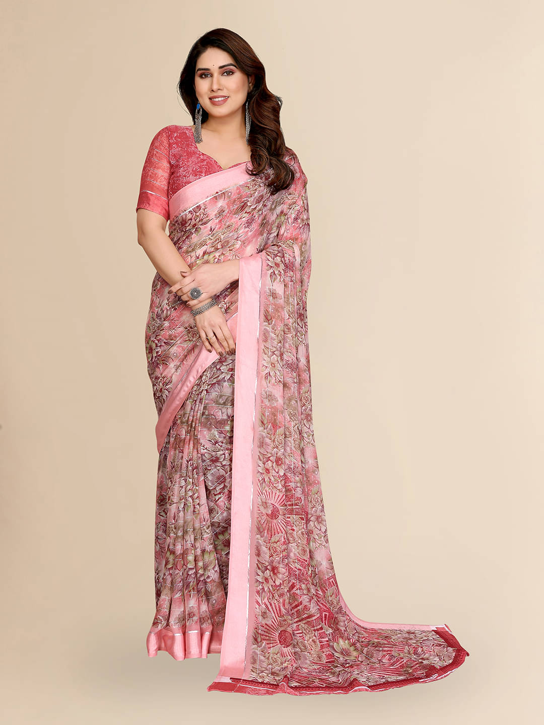     			ANAND SAREES Georgette Printed Kasavu Saree With Unstitched Blouse Piece ( PINK )