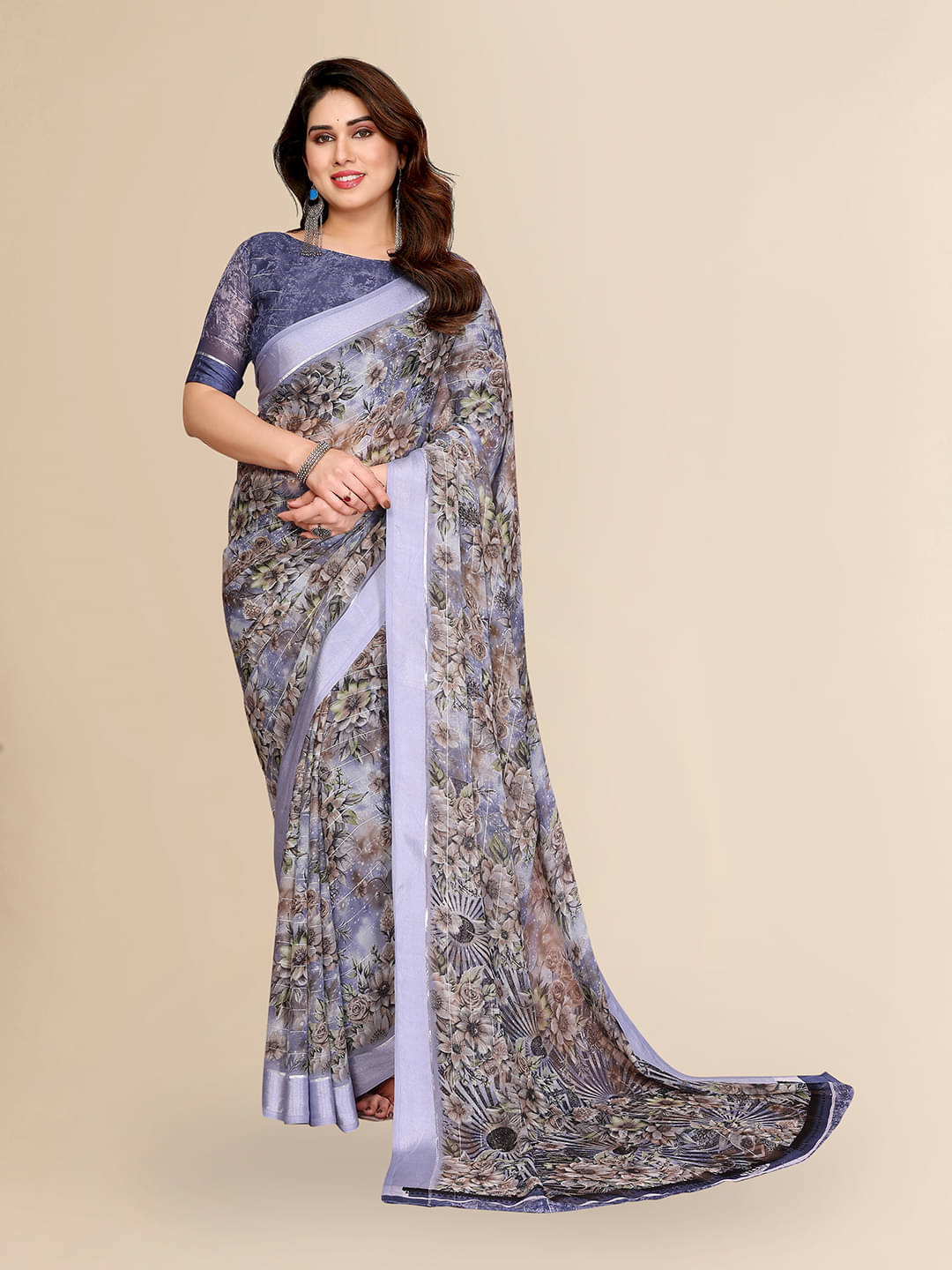 ANAND SAREES Georgette Printed Kasavu Saree With Unstitched Blouse Piece ( BLUE ) ANAND SAREES Georgette Printed Kasavu Saree With Unstitched Blouse Piece ( BLUE )