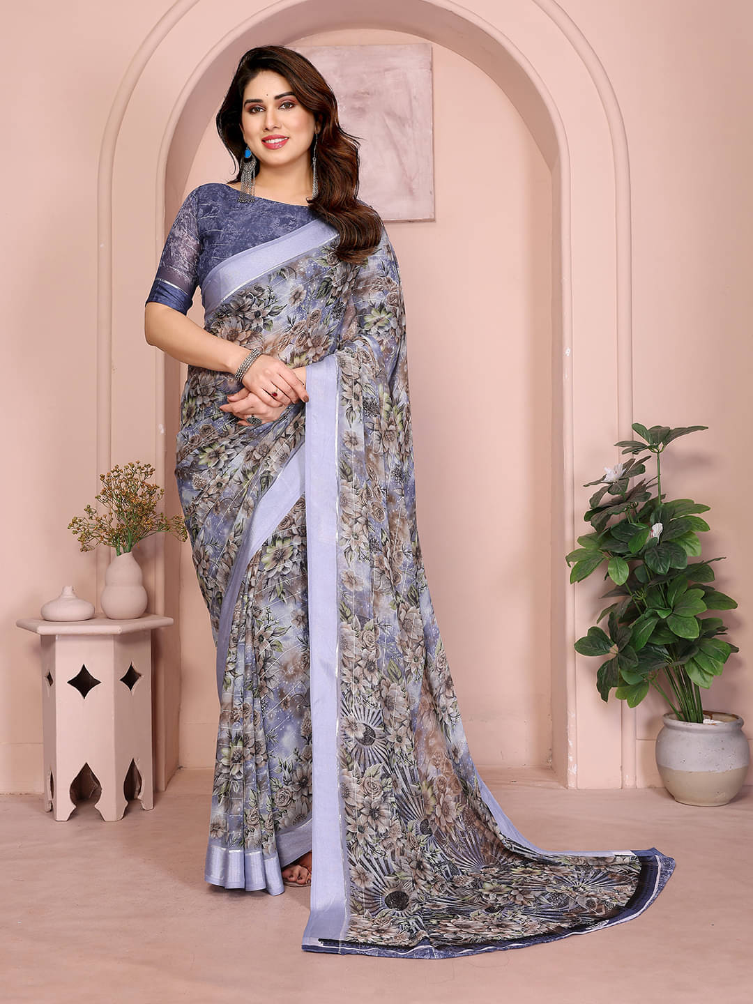     			ANAND SAREES Georgette Printed Kasavu Saree With Unstitched Blouse Piece ( BLUE )