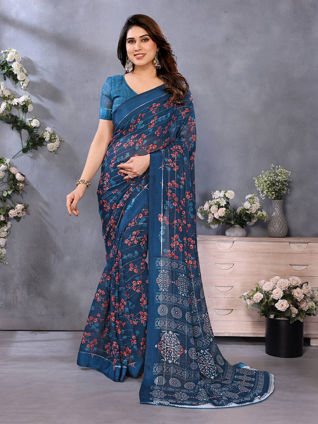 ANAND SAREES Georgette Printed Kasavu Saree With Unstitched Blouse Piece ( RAMA ) ANAND SAREES Georgette Printed Kasavu Saree With Unstitched Blouse Piece ( RAMA )