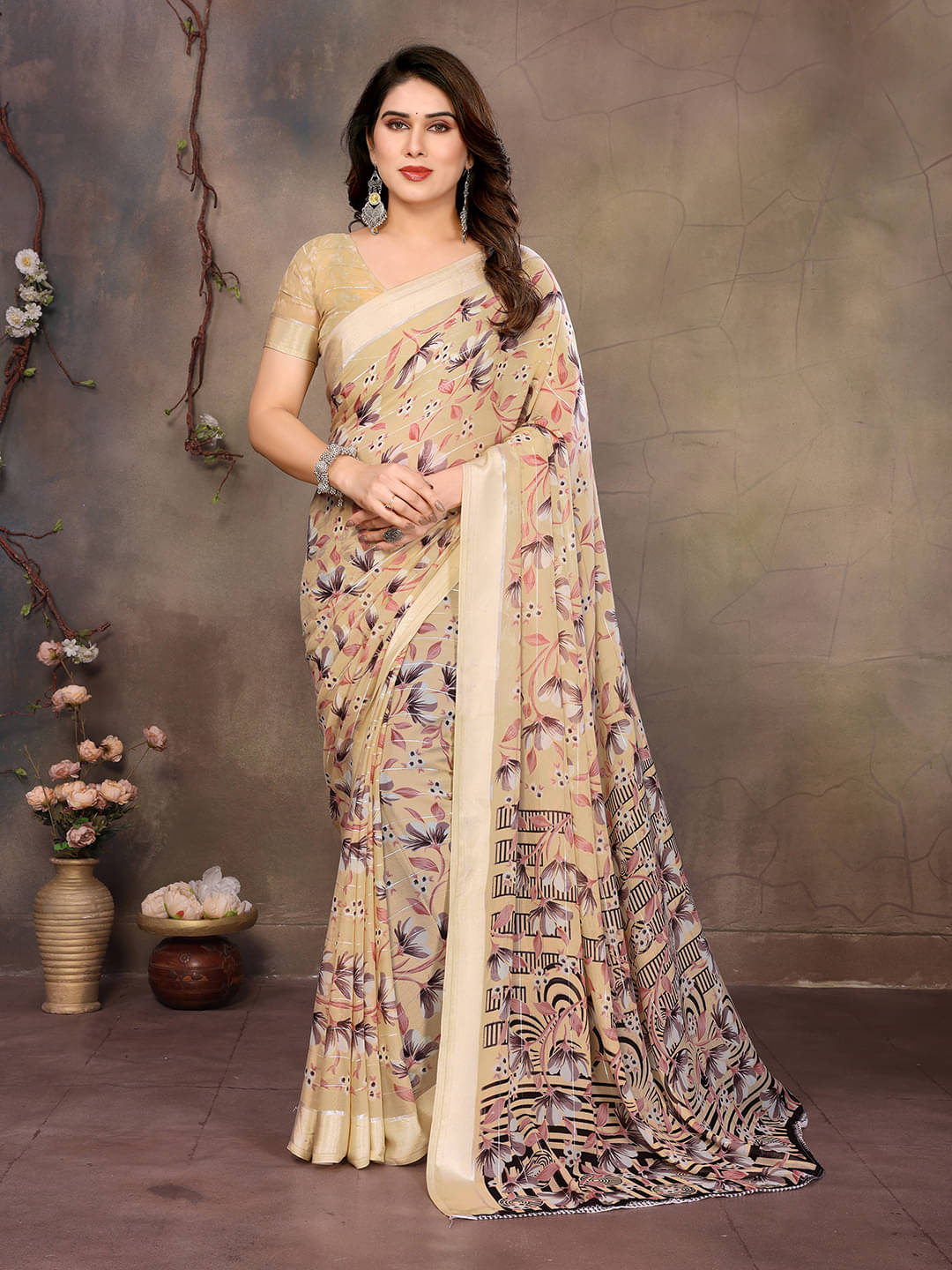 ANAND SAREES Georgette Printed Kasavu Saree With Unstitched Blouse Piece ( CREAM )     			ANAND SAREES Georgette Printed Kasavu Saree With Unstitched Blouse Piece ( CREAM )