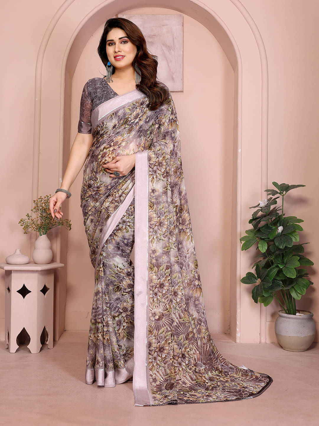     			ANAND SAREES Georgette Printed Kasavu Saree With Unstitched Blouse Piece ( GREY )