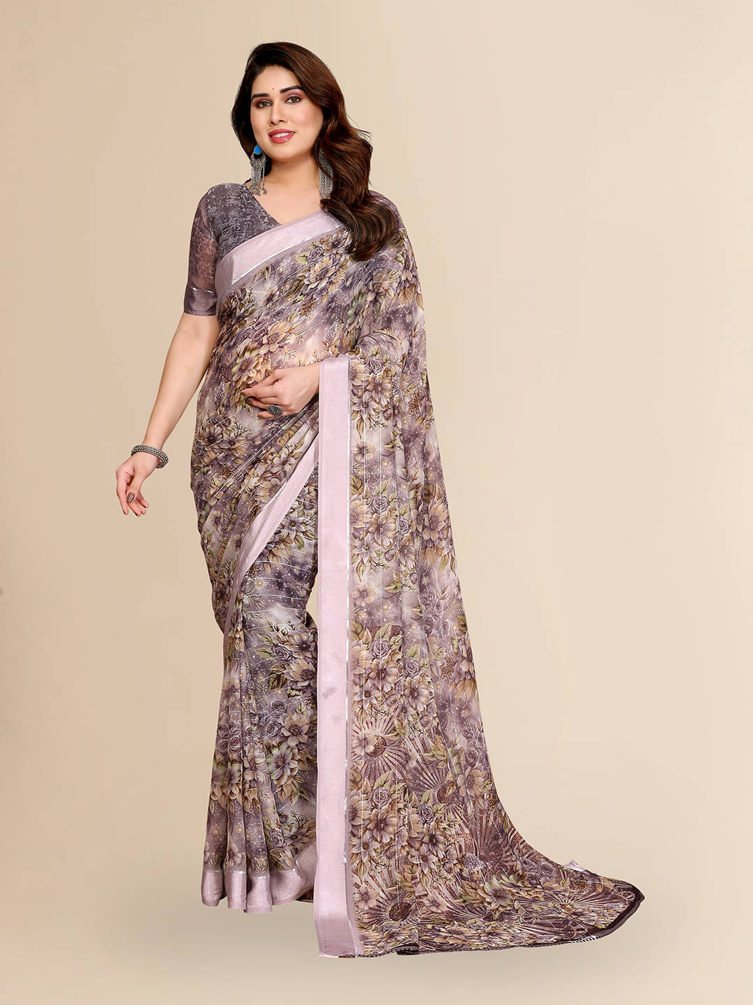     			ANAND SAREES Georgette Printed Kasavu Saree With Unstitched Blouse Piece ( GREY )