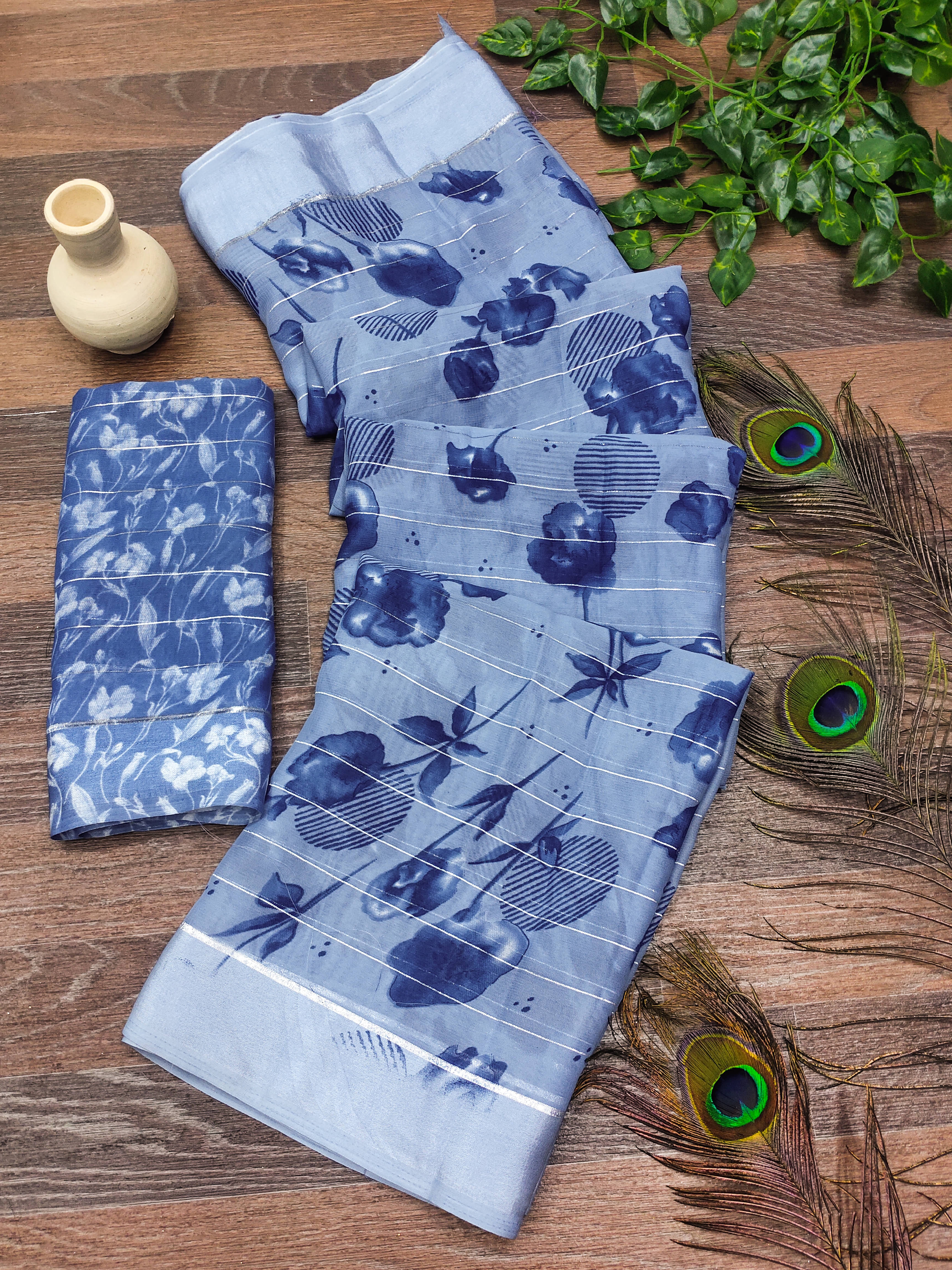     			ANAND SAREES Georgette Printed Kasavu Saree With Unstitched Blouse Piece ( BLUE )